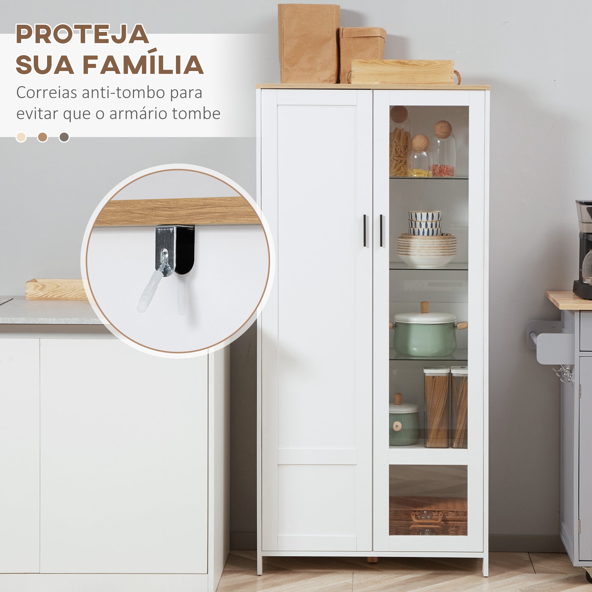 Armário de Cozinha Móvel com Porta de Vidro 76x36x160 cm - Branco