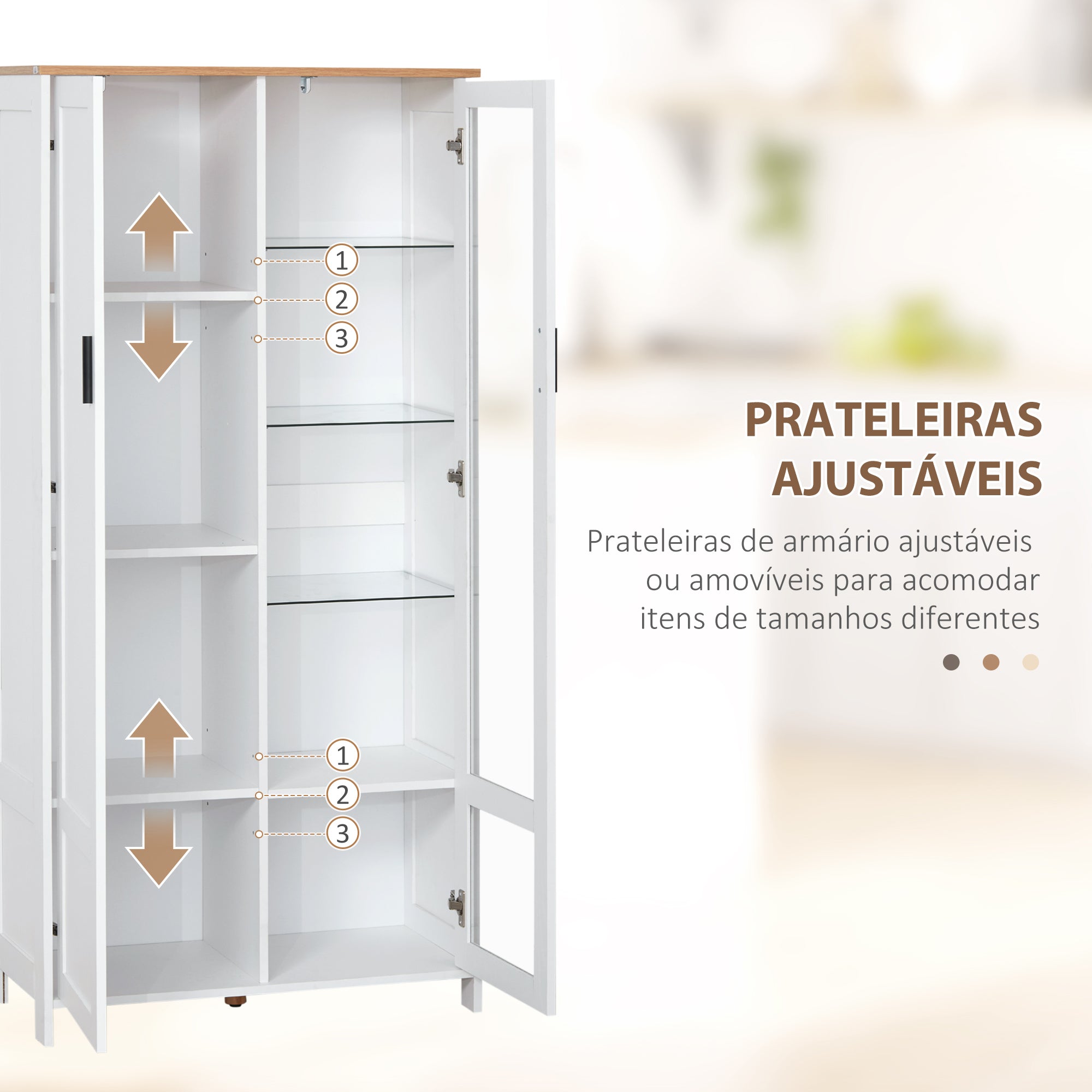 Armário de Cozinha Móvel com Porta de Vidro 76x36x160 cm - Branco