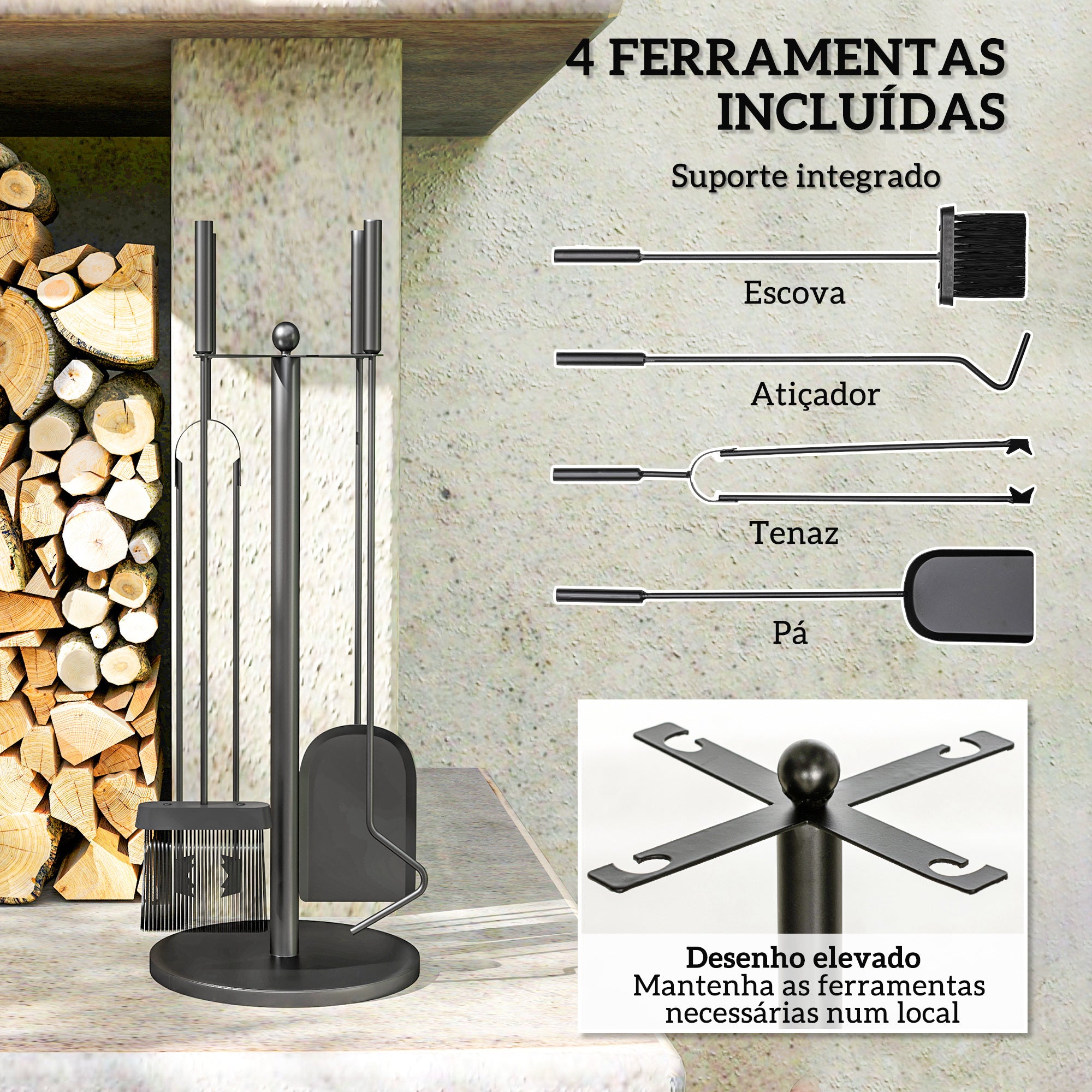 Conjunto de Ferramentas para Lareira – Ø25x54 cm – Preto – Metal