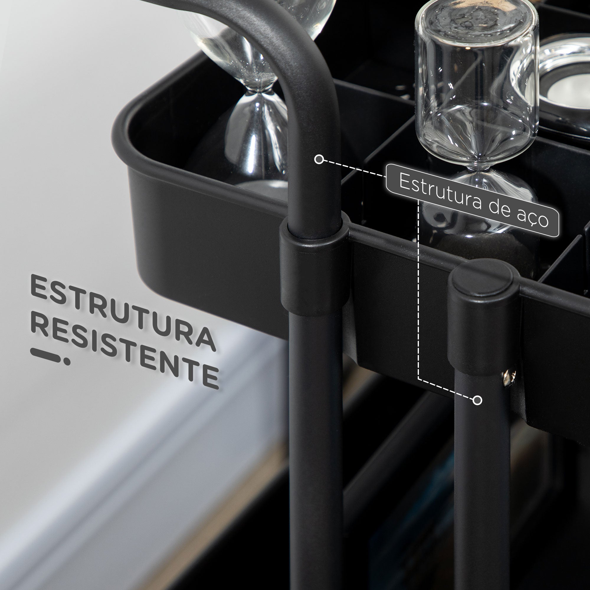 Carrinho de Cozinha de Aço com 3 Cestas e 4 Ganchos 42x38x86,5cm - Preto
