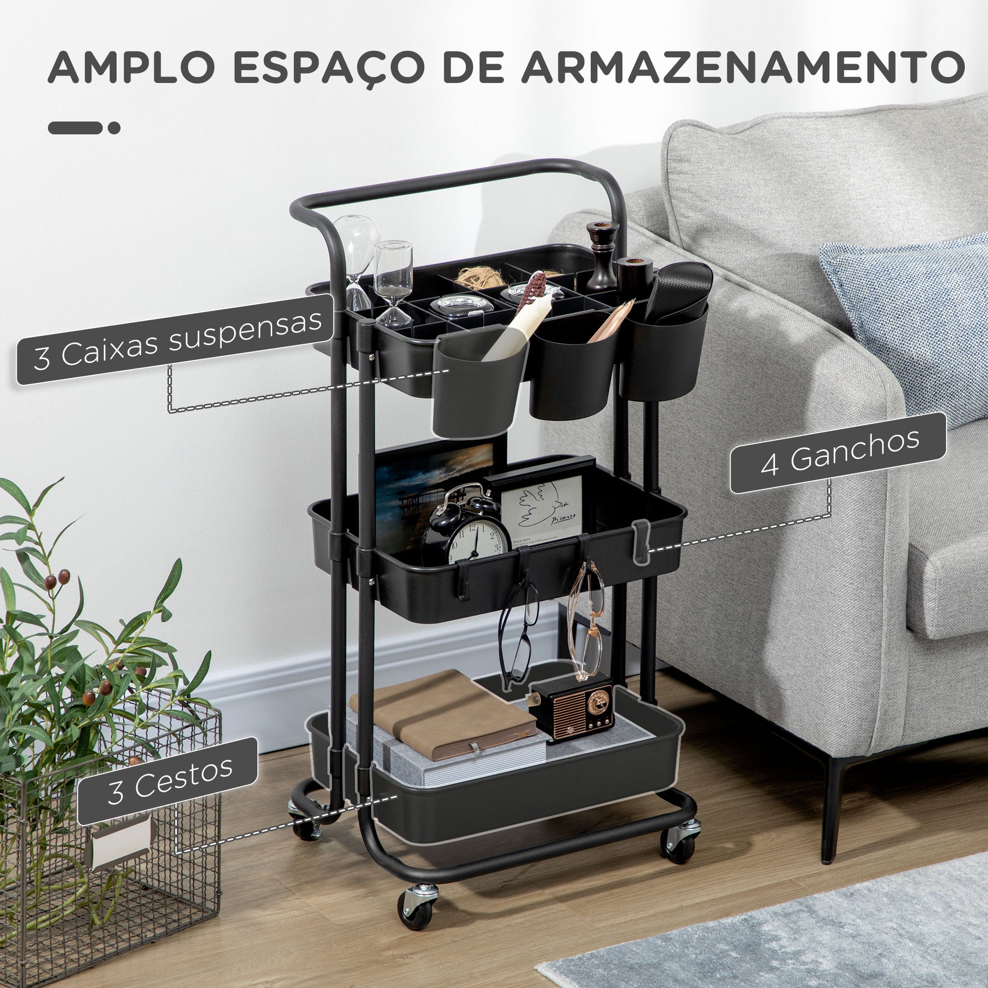 Carrinho de Cozinha de Aço com 3 Cestas e 4 Ganchos 42x38x86,5cm - Preto