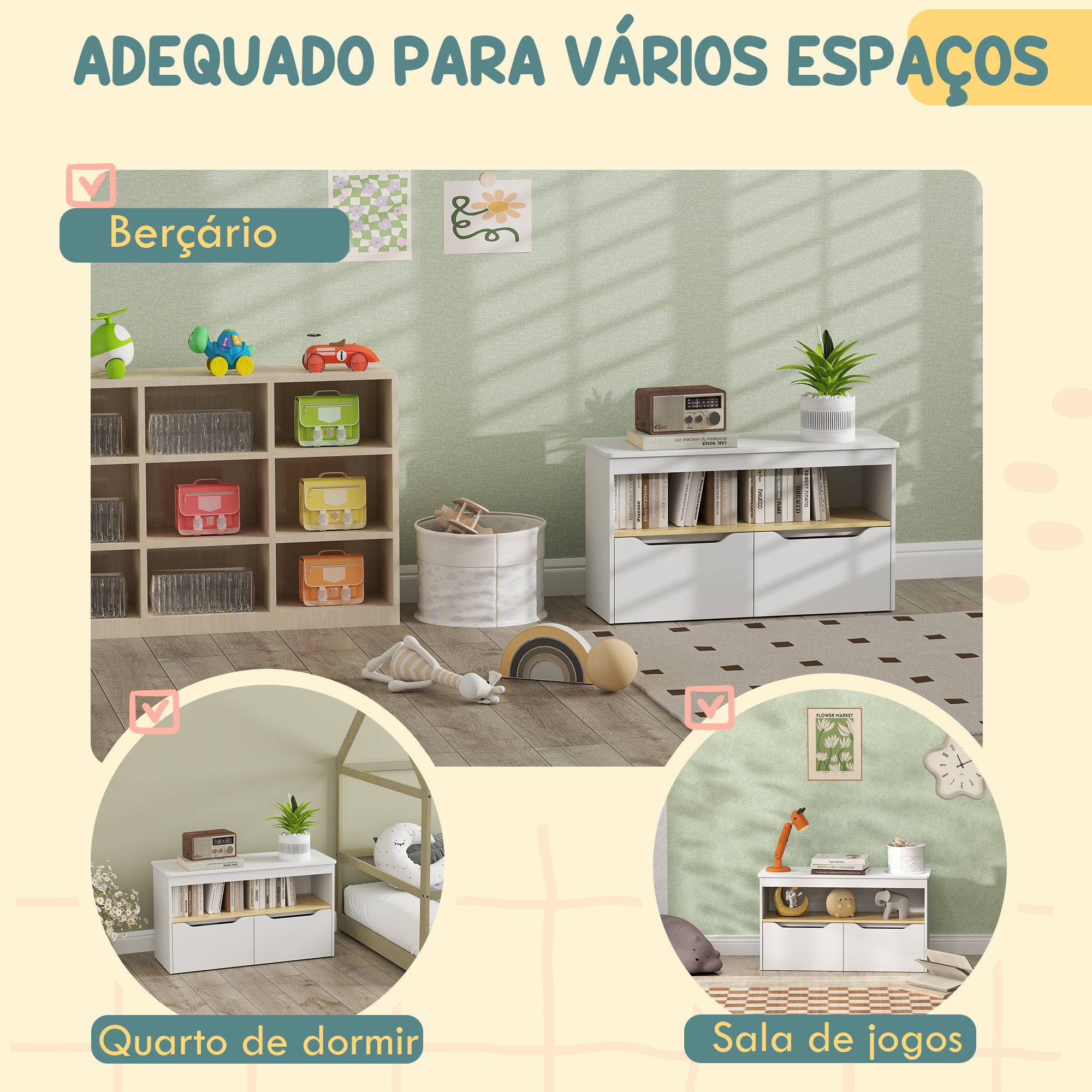 Organizador de Brinquedos Infantil – 80x30x45 cm – Branco e Madeira – MDF