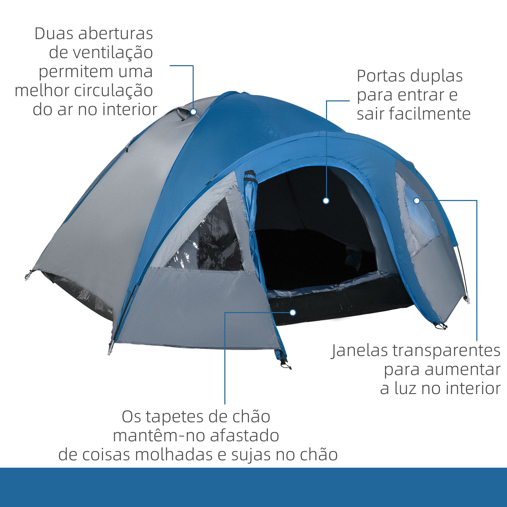 Tenda de Campismo para 2-3 Pessoas 300x250x130 cm Cinza e Azul
