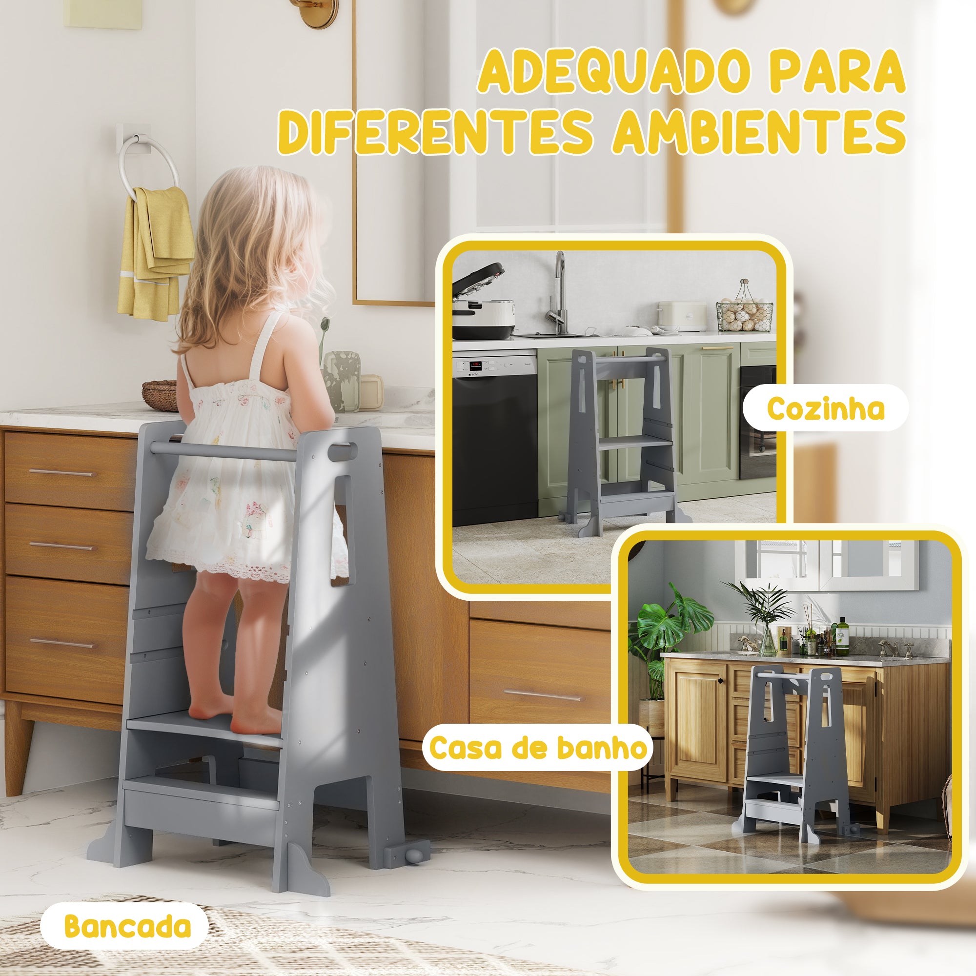 Torre de Aprendizagem para Crianças – 45x47,5x91 cm – Cinzento – Madeira de Pinho e MDF