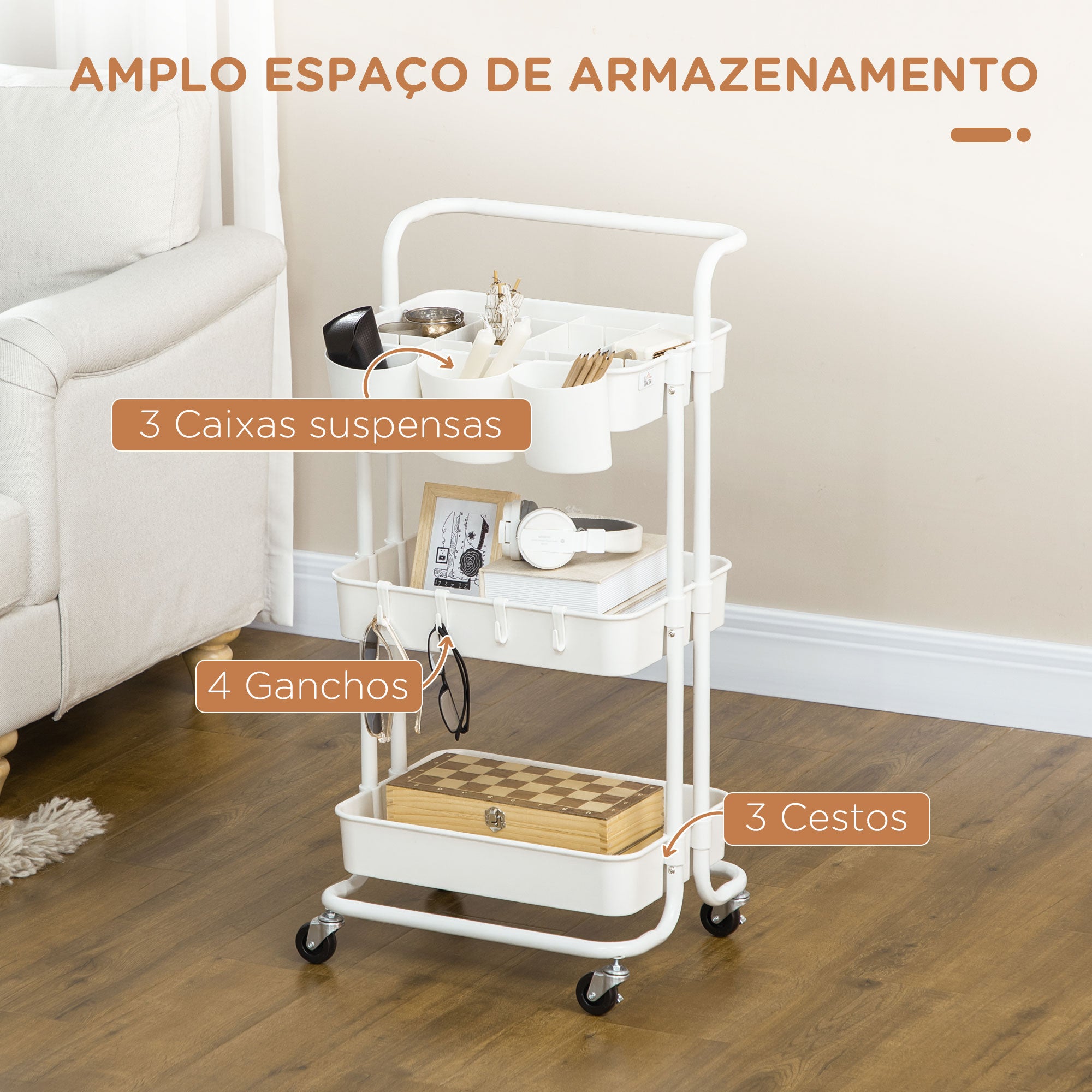 Carrinho de Cozinha de Aço – 42x38x86,5 cm – Branco
