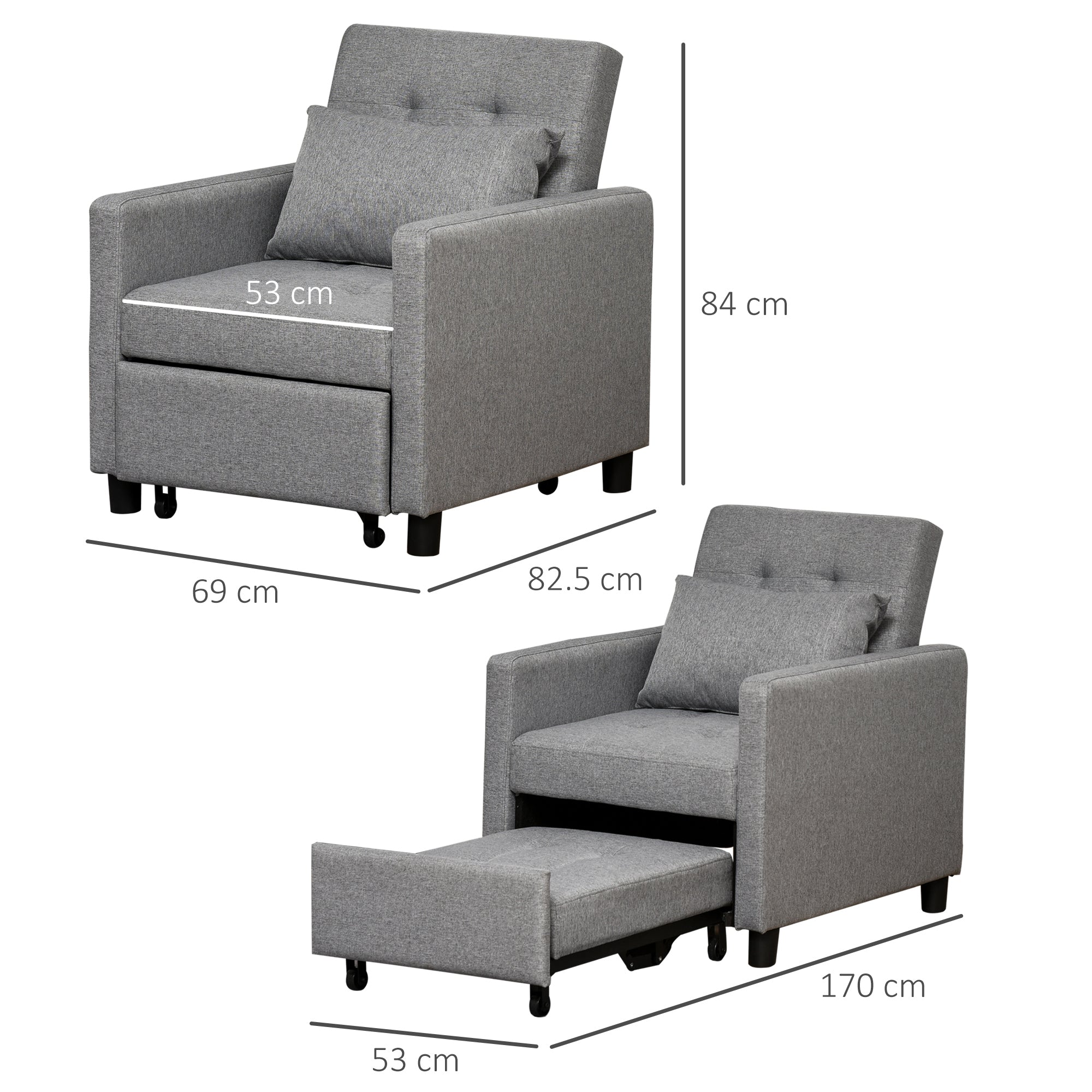 Sofá-cama Individual Cinza 69x77x84 cm - Encosto Reclinável e Almofada Removível