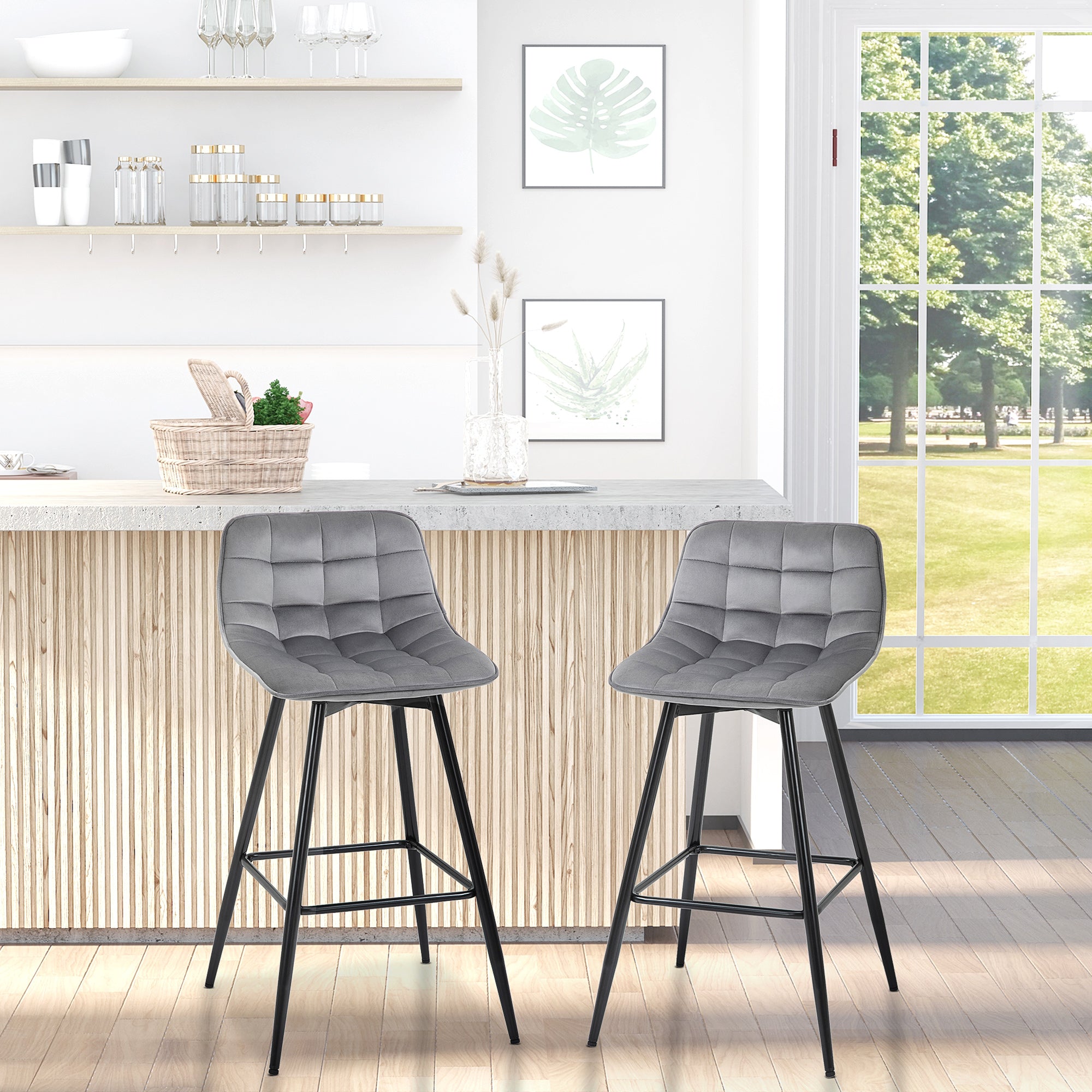 Bancos de Bar Acolchoados – 45x47x88 cm – Cinza – Poliéster e metal