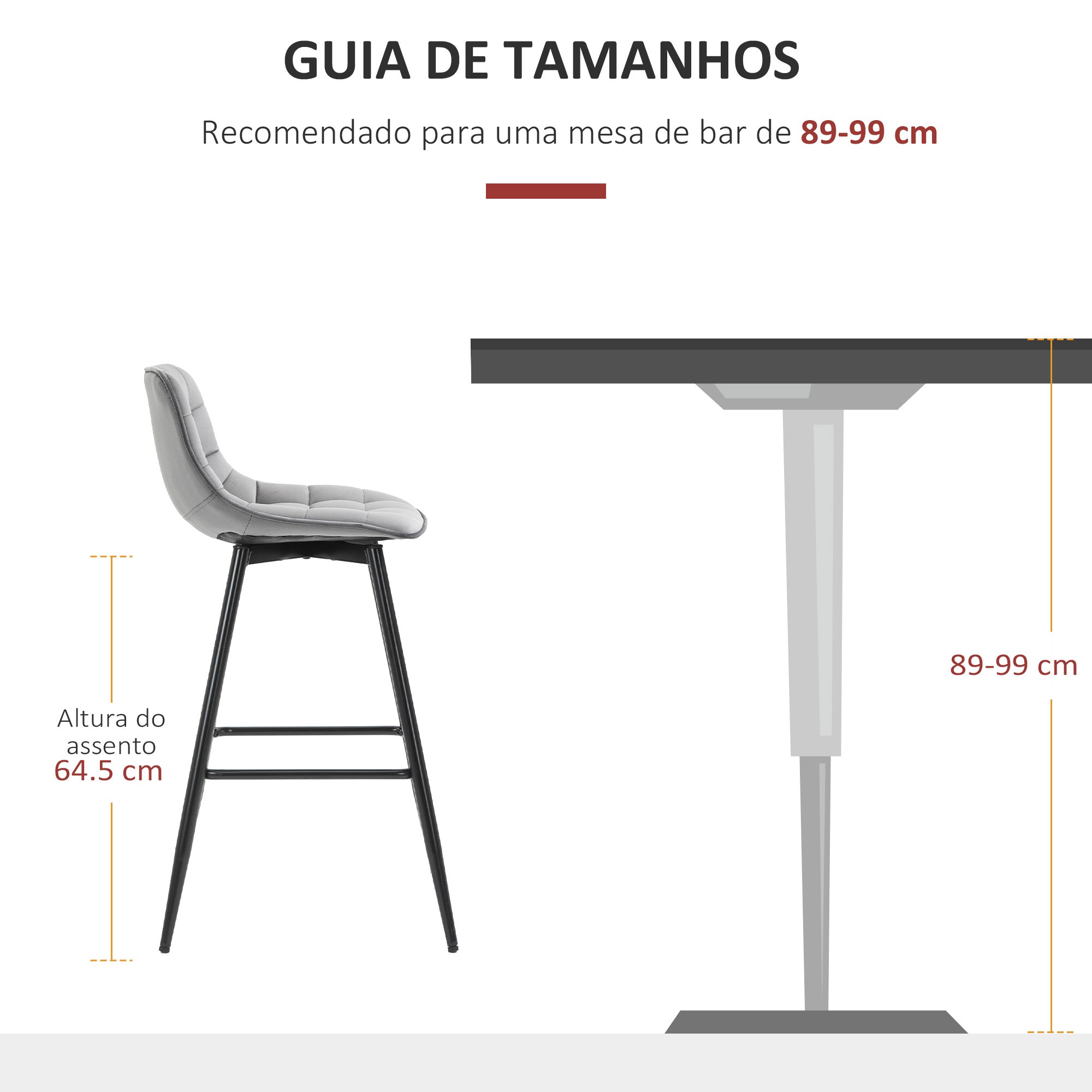 Bancos de Bar Acolchoados – 45x47x88 cm – Cinza – Poliéster e metal