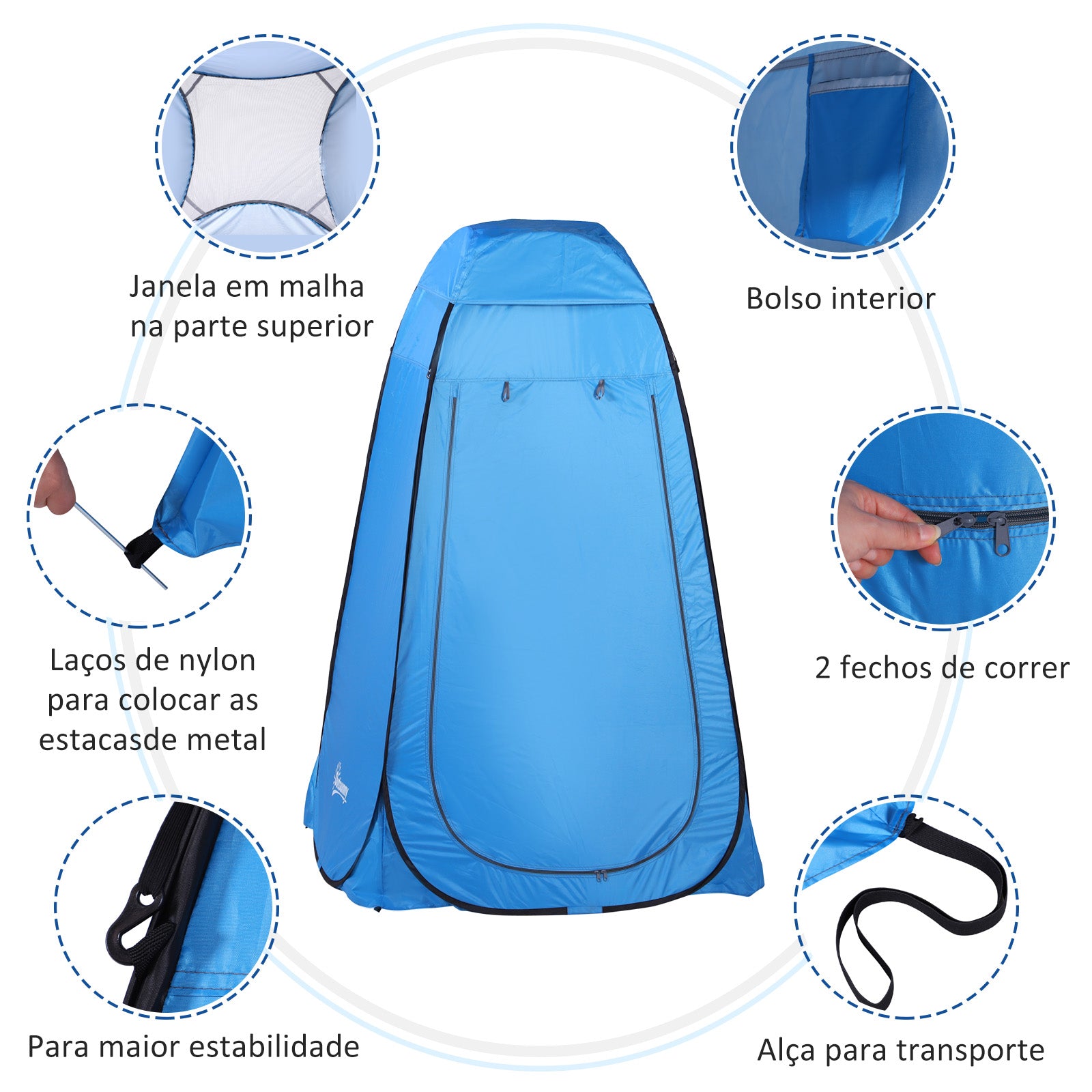 Tenda de Privacidade Portátil – 120x120x190 cm – Azul – Poliéster, Tecido Oxford e Metal