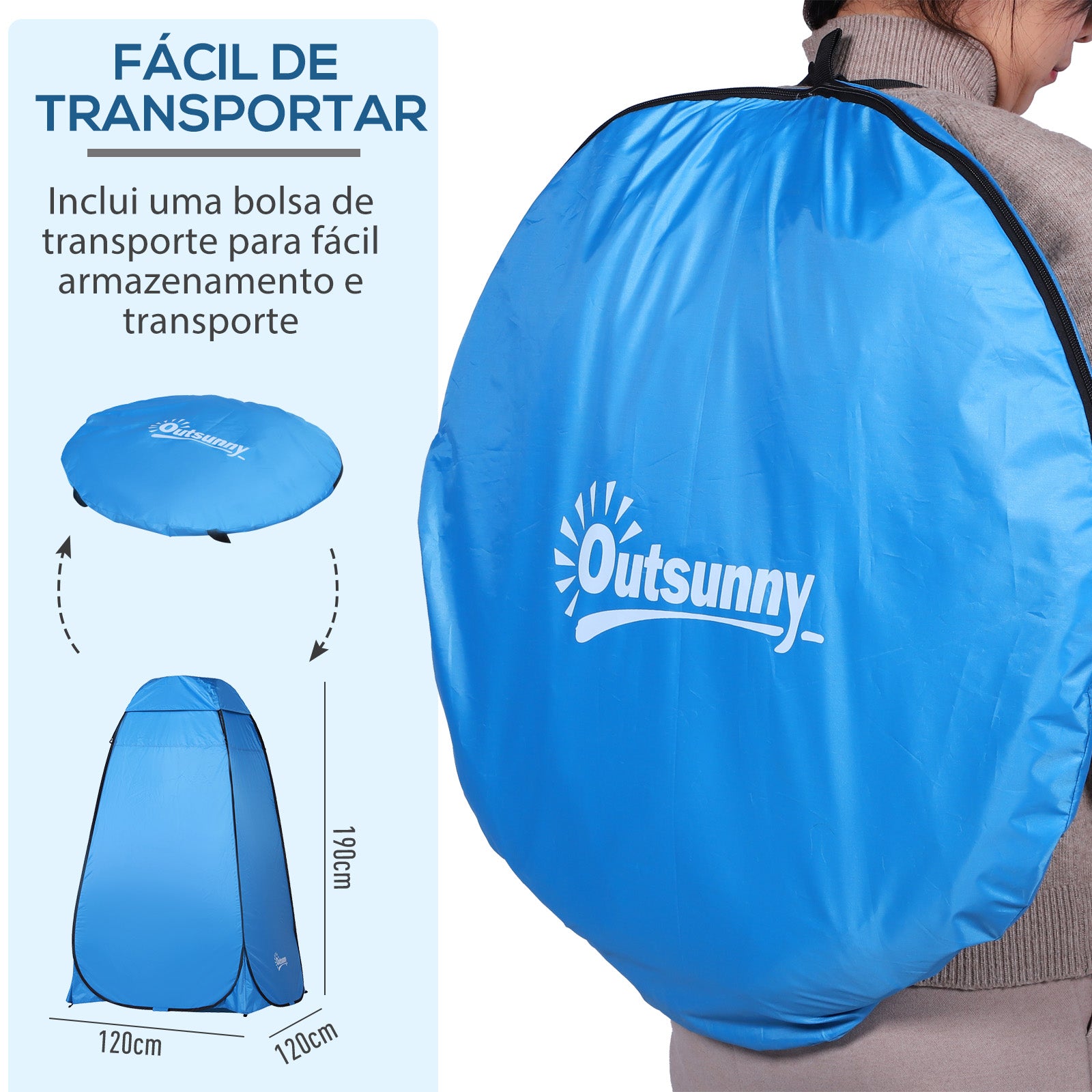 Tenda de Privacidade Portátil – 120x120x190 cm – Azul – Poliéster, Tecido Oxford e Metal