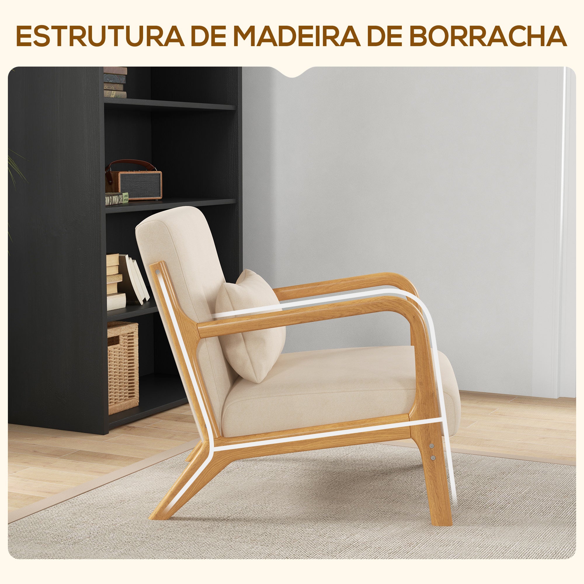 Poltrona Individual Acolchoada – 61x78x76 cm – Cor Bege – Madeira de Borracha