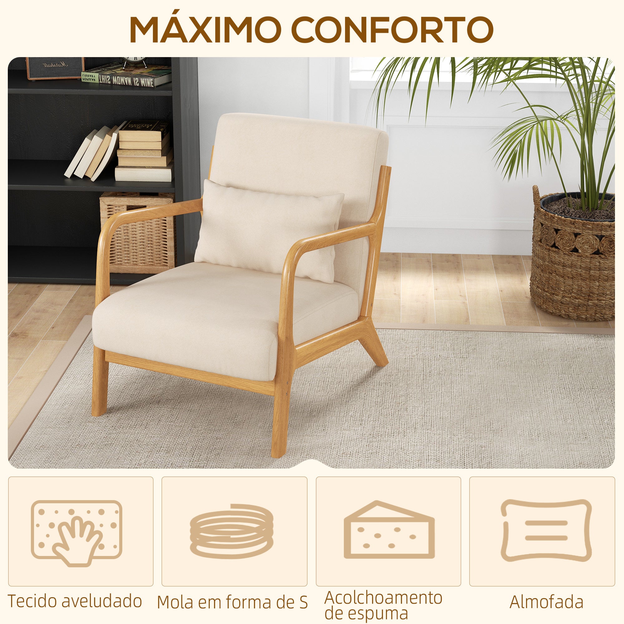 Poltrona Individual Acolchoada – 61x78x76 cm – Cor Bege – Madeira de Borracha