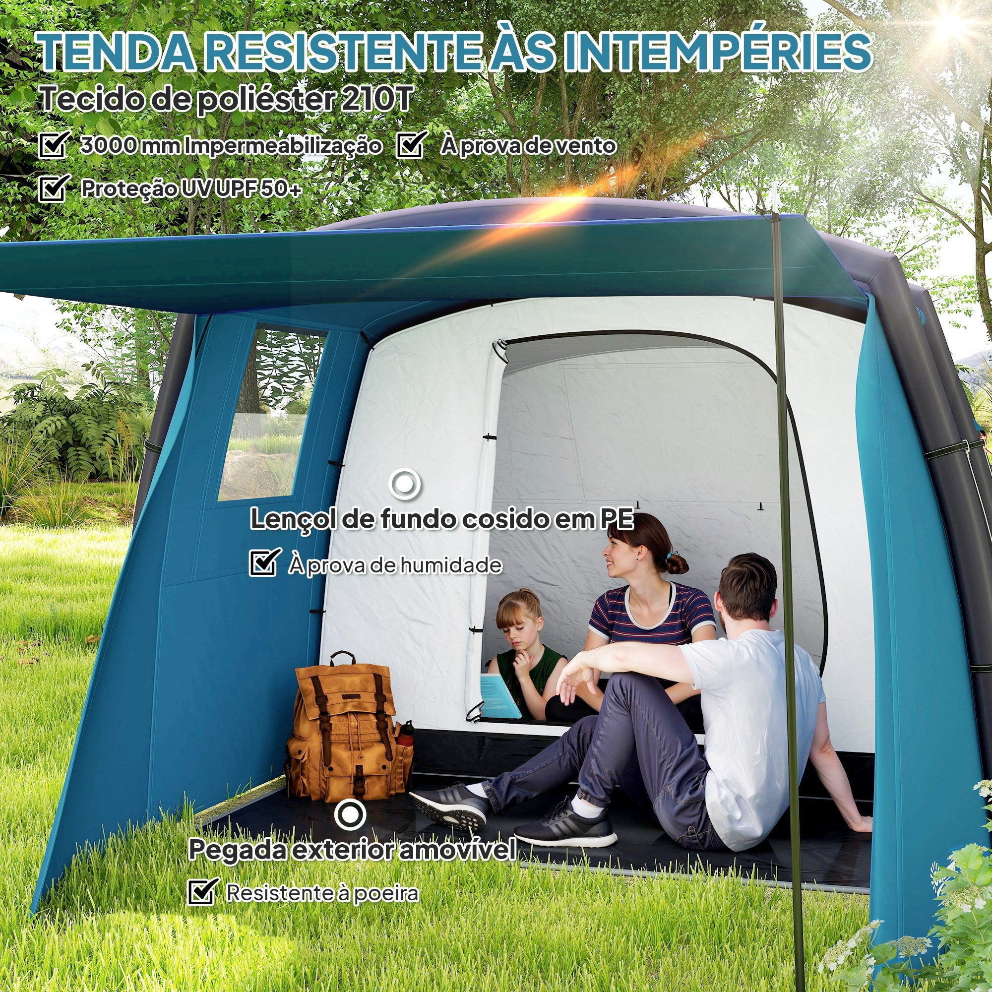 Tenda de Campismo Inflável Tipo Túnel para 3-4 Pessoas - Azul 440x280x195 cm