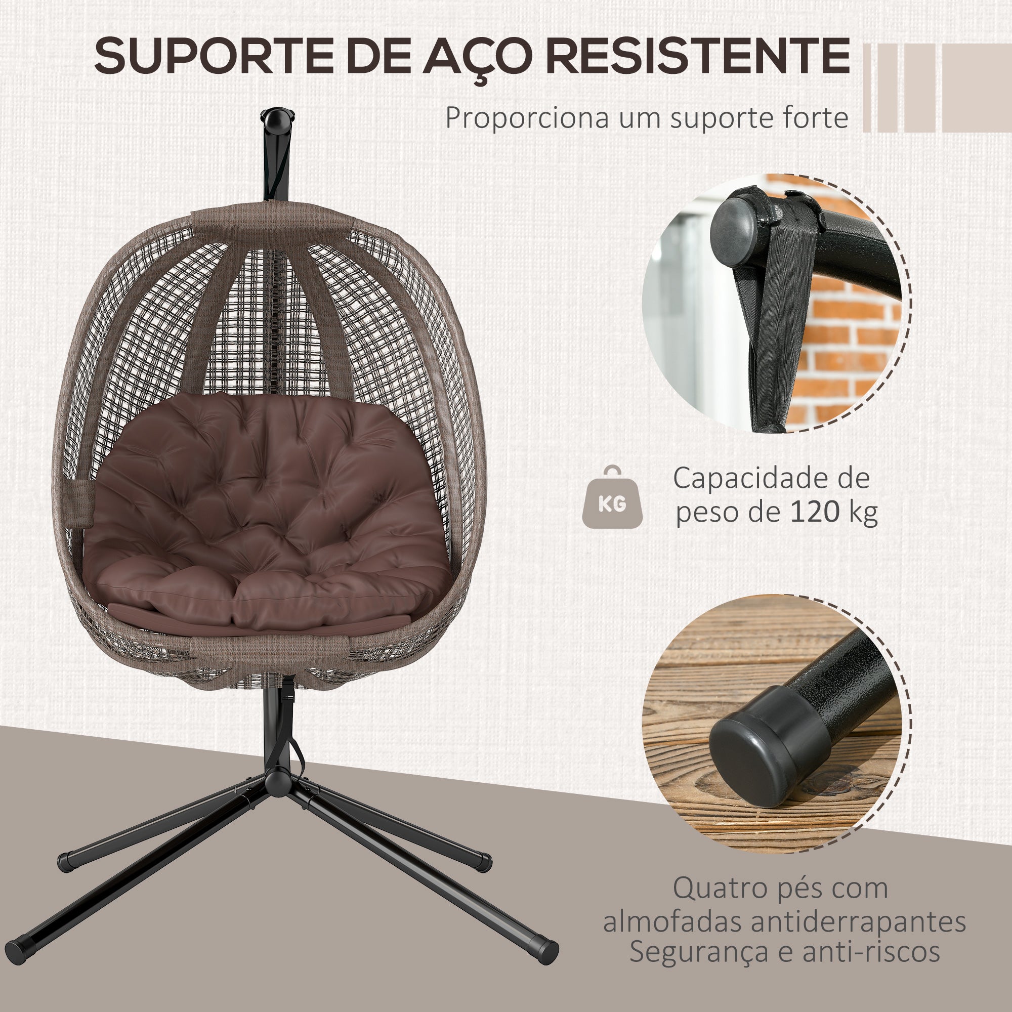 Cadeirão Suspenso Marrom 118x103x172 cm em Imitação de Vime com Estrutura de Aço