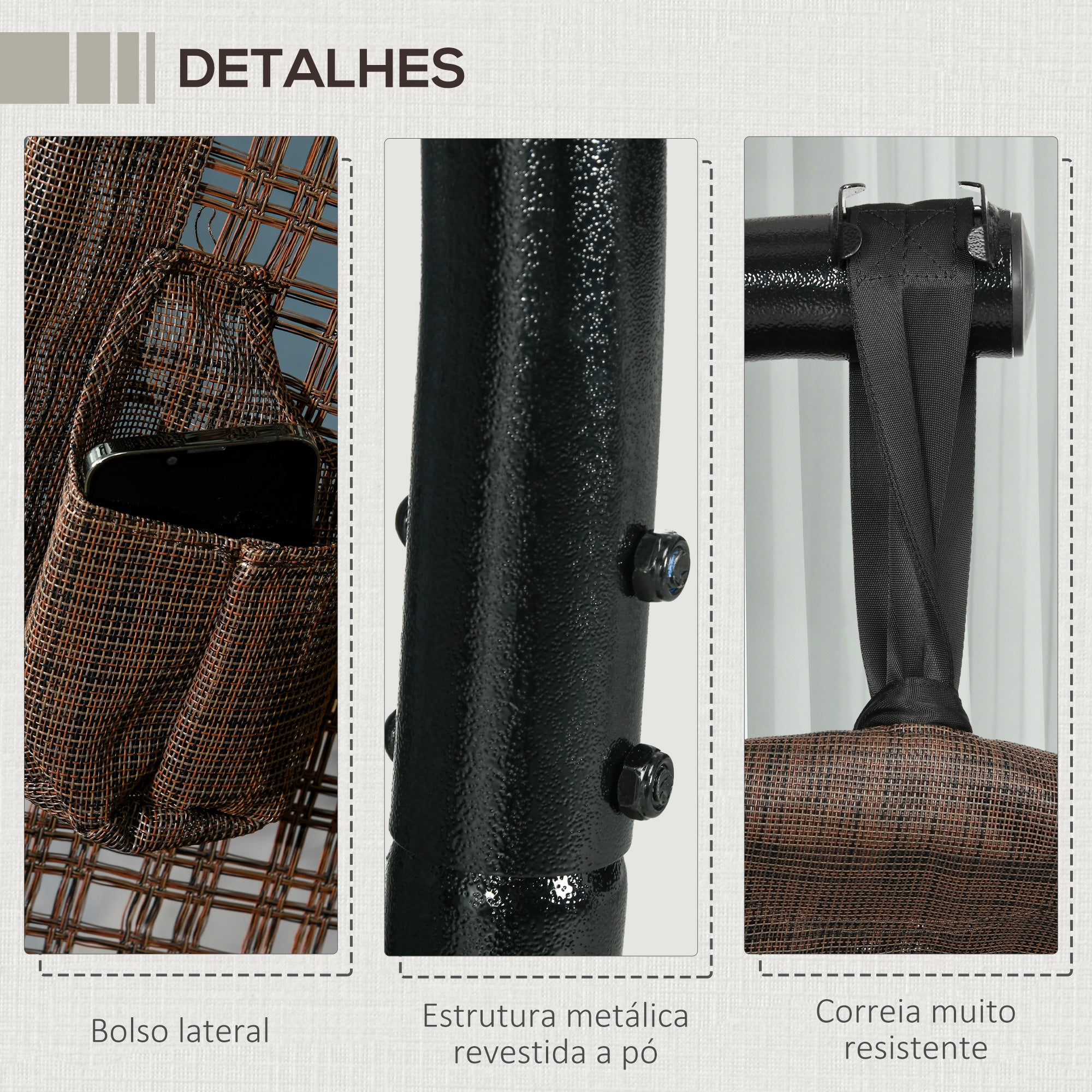 Cadeirão Suspenso Marrom 118x103x172 cm em Imitação de Vime com Estrutura de Aço