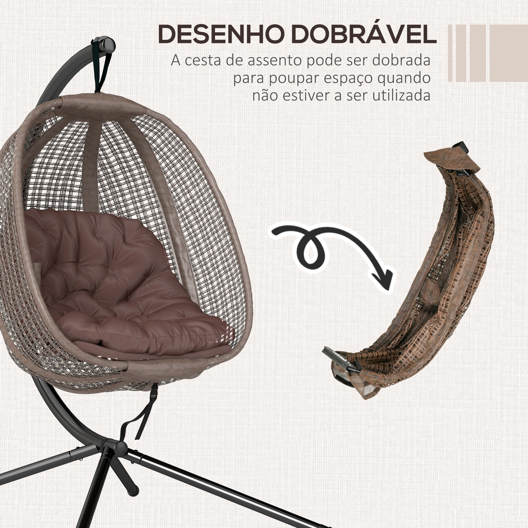 Cadeirão Suspenso Marrom 118x103x172 cm em Imitação de Vime com Estrutura de Aço