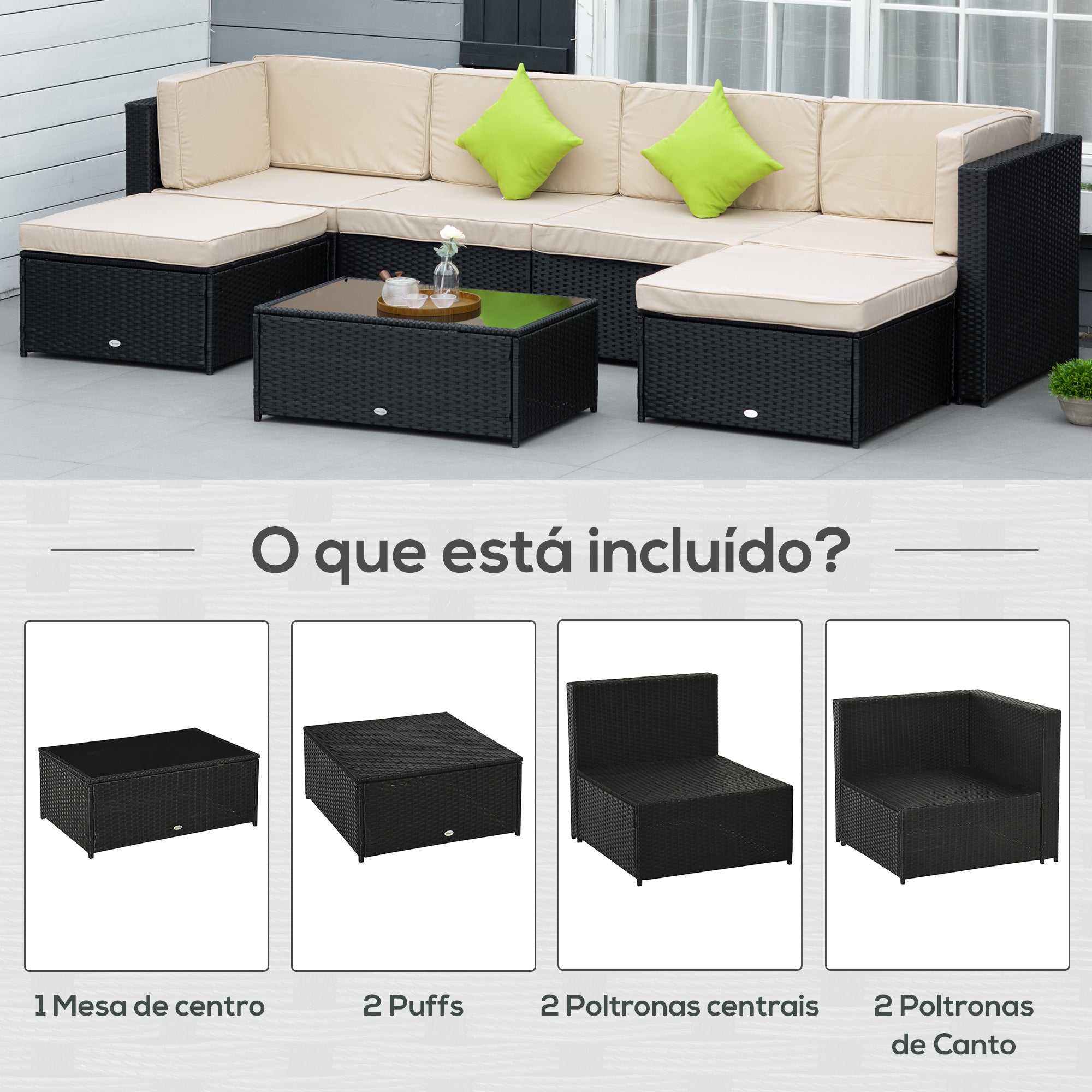 Conjunto de Sofá de Jardim – 80x80x71 cm – Preto Areia Verde – Vime PE