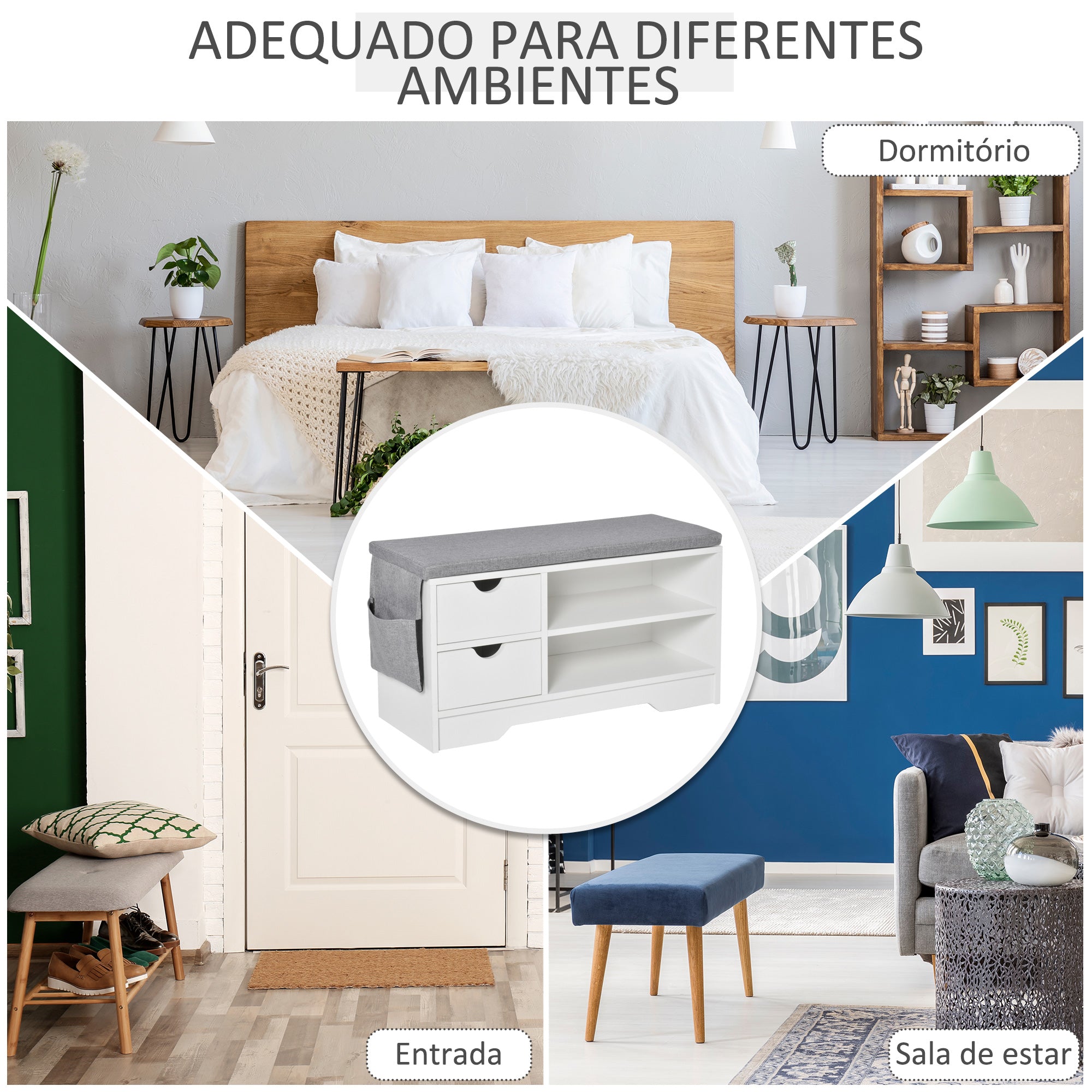Banco Sapateira com Assento – 80,5x30,5x43,5 cm – Branco e Cinza – MDF
