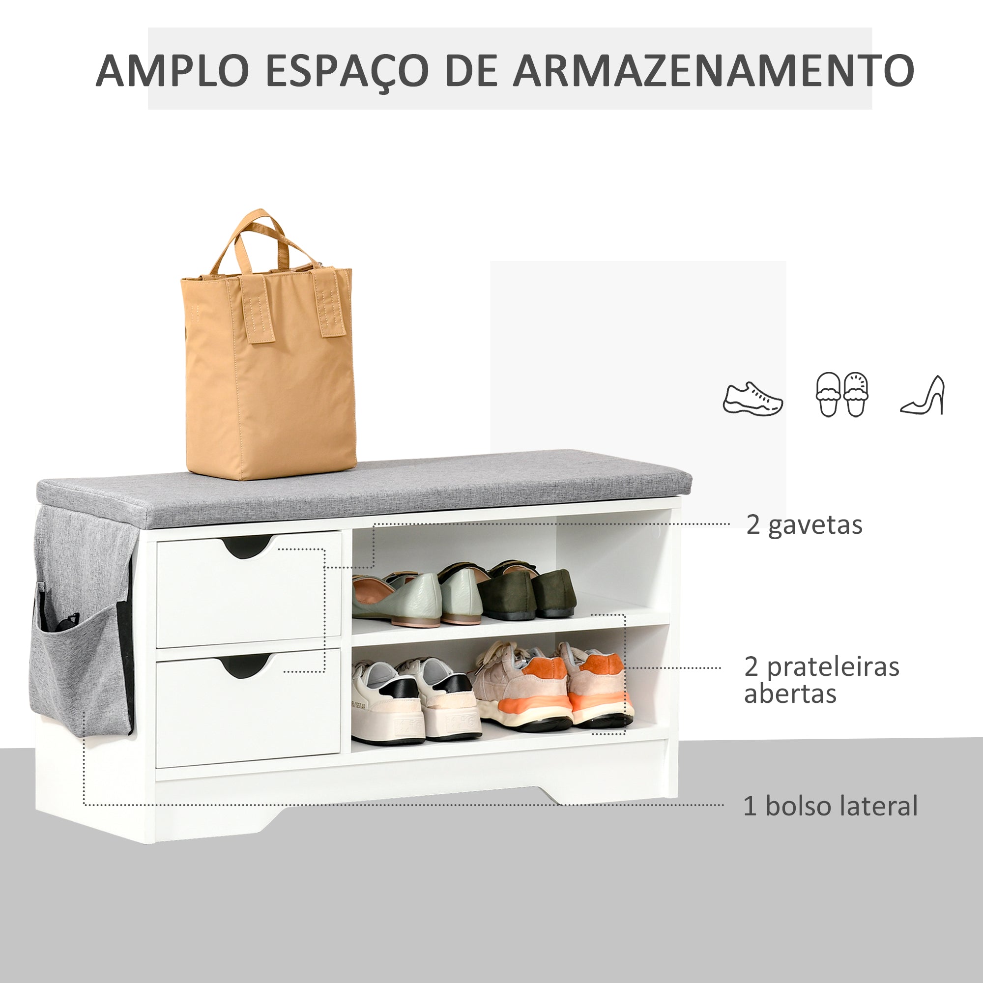 Banco Sapateira com Assento – 80,5x30,5x43,5 cm – Branco e Cinza – MDF