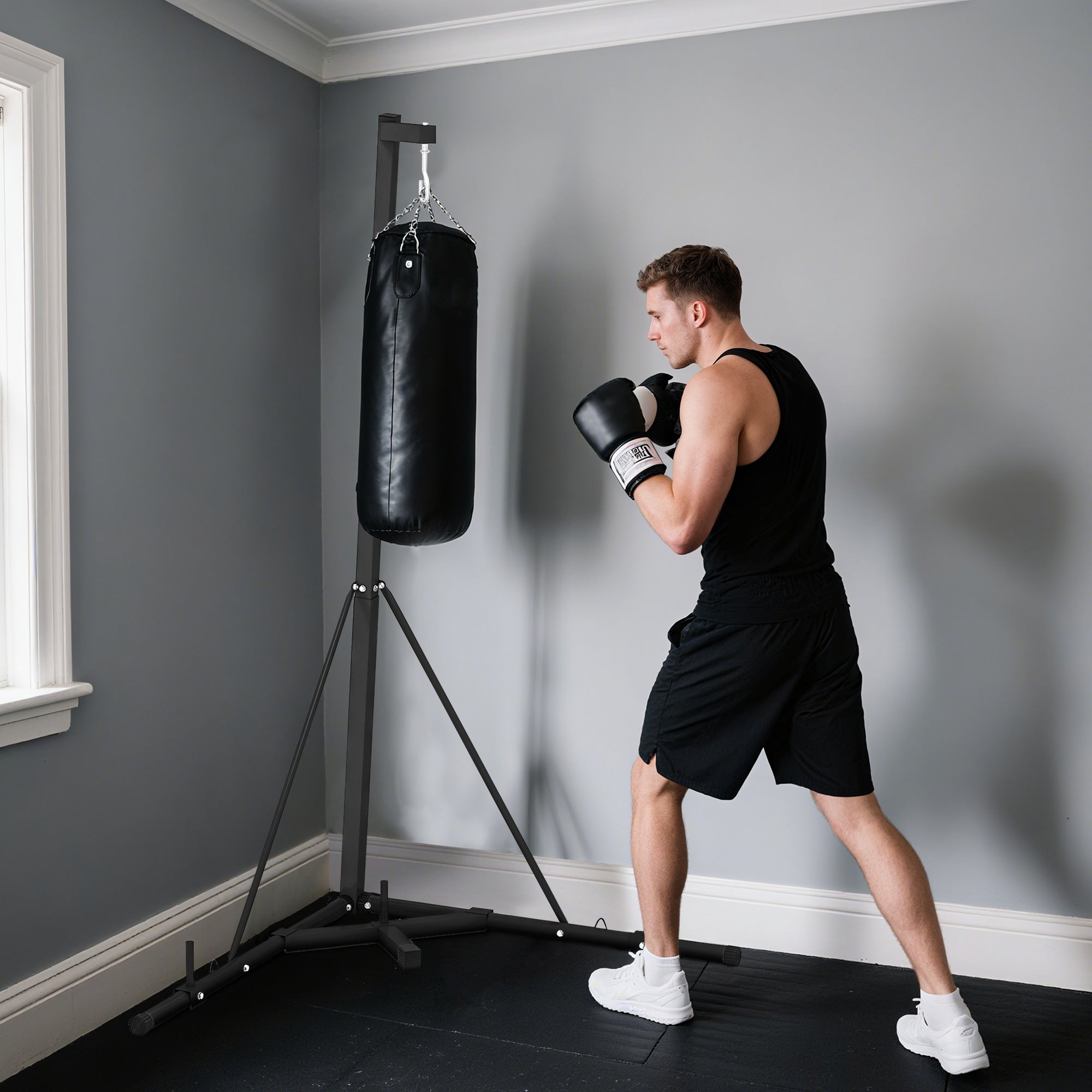 Suporte para Saco de Boxe de Pé Ajustável 170x90x182-225 cm - Preto