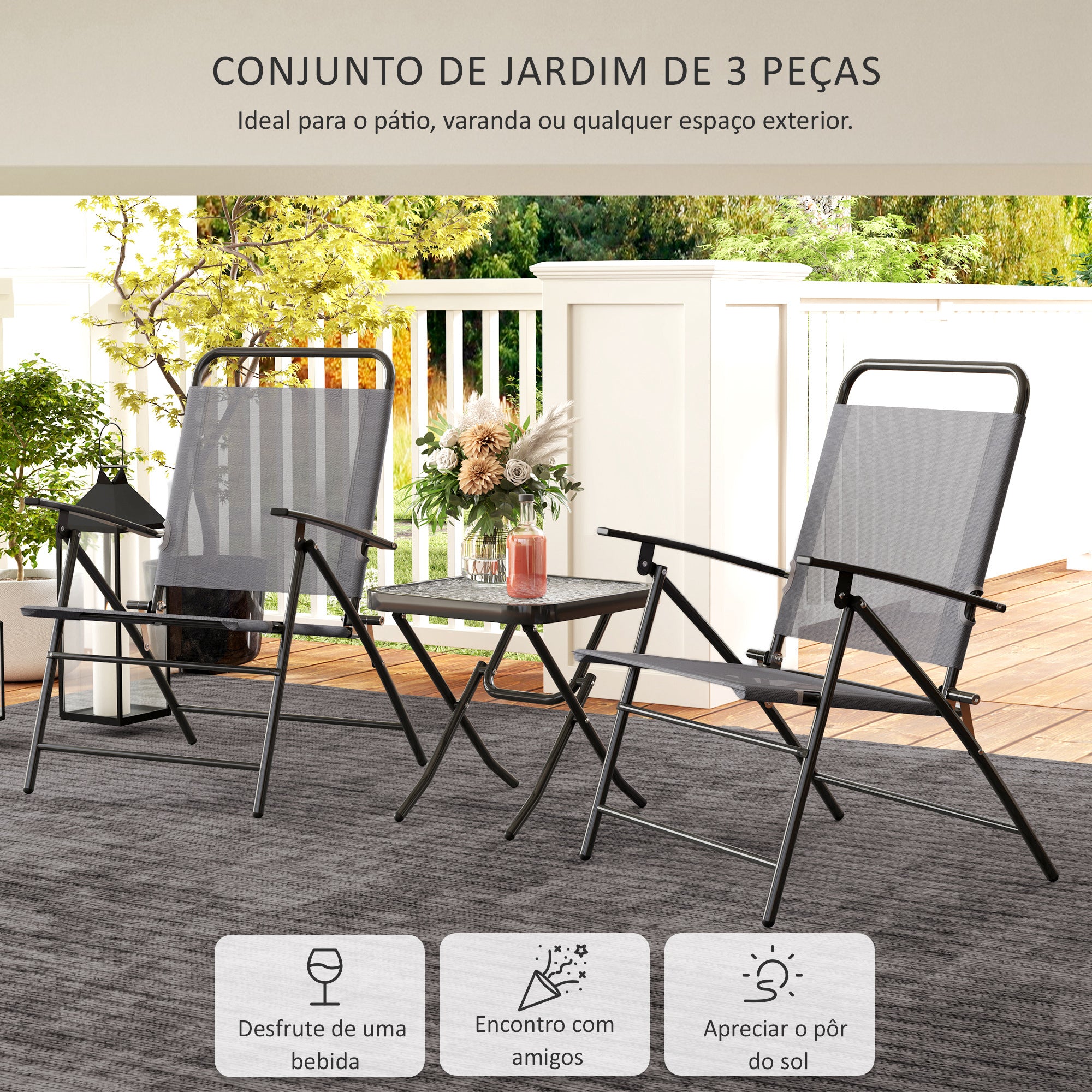 Conjunto de Mesa e Cadeiras de Jardim Dobráveis – 64x70x87 cm – Cinzento – Aço e Vidro