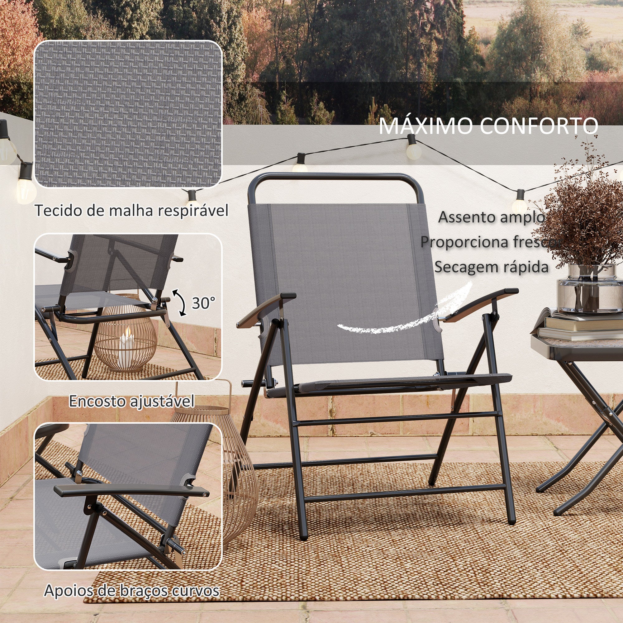 Conjunto de Mesa e Cadeiras de Jardim Dobráveis – 64x70x87 cm – Cinzento – Aço e Vidro