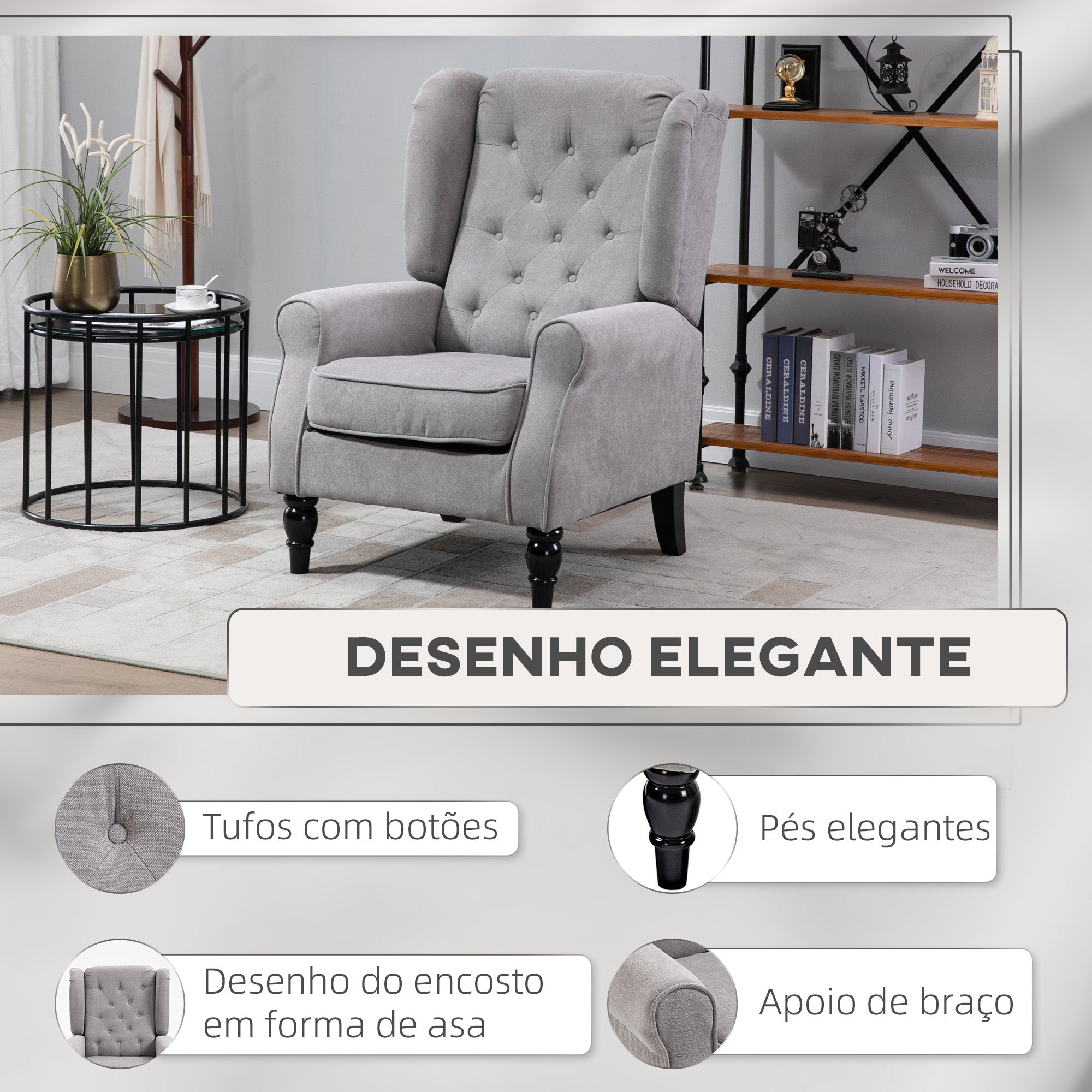 Poltrona Individual – 74x86x102 cm – Cinza – Tecido de poliéster, madeira de eucalipto