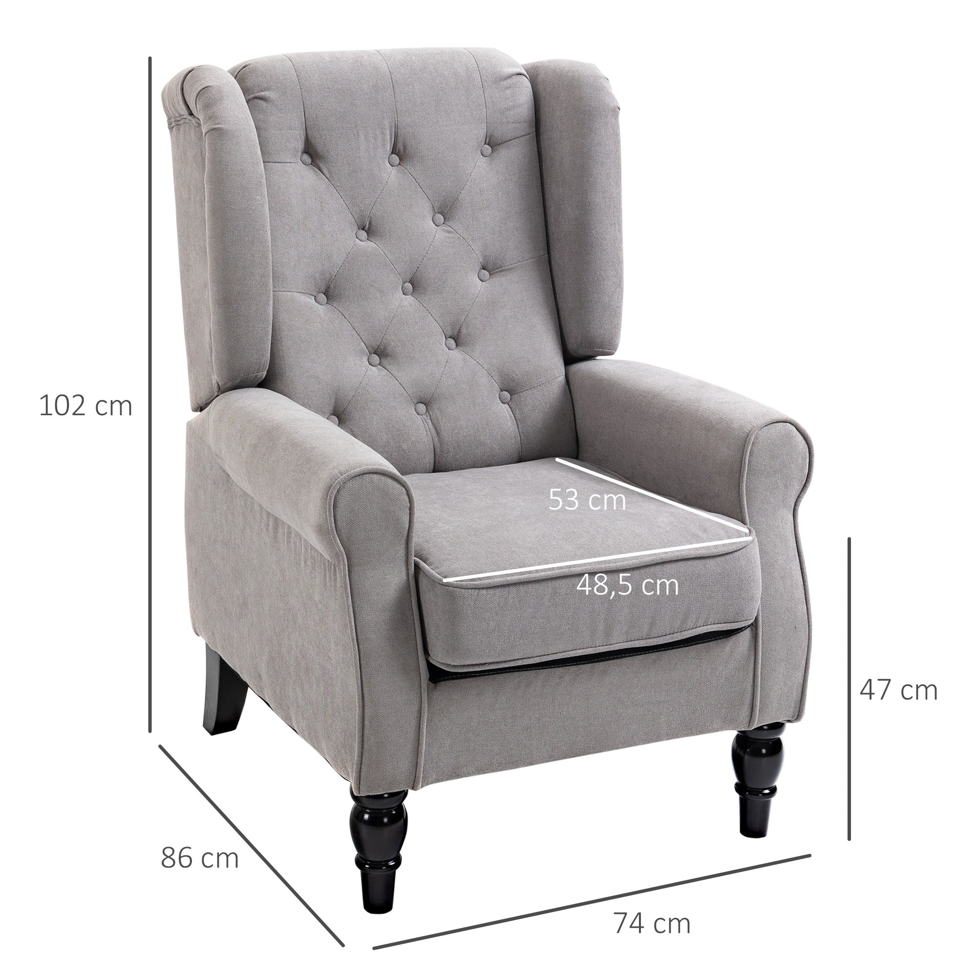 Poltrona Individual – 74x86x102 cm – Cinza – Tecido de poliéster, madeira de eucalipto