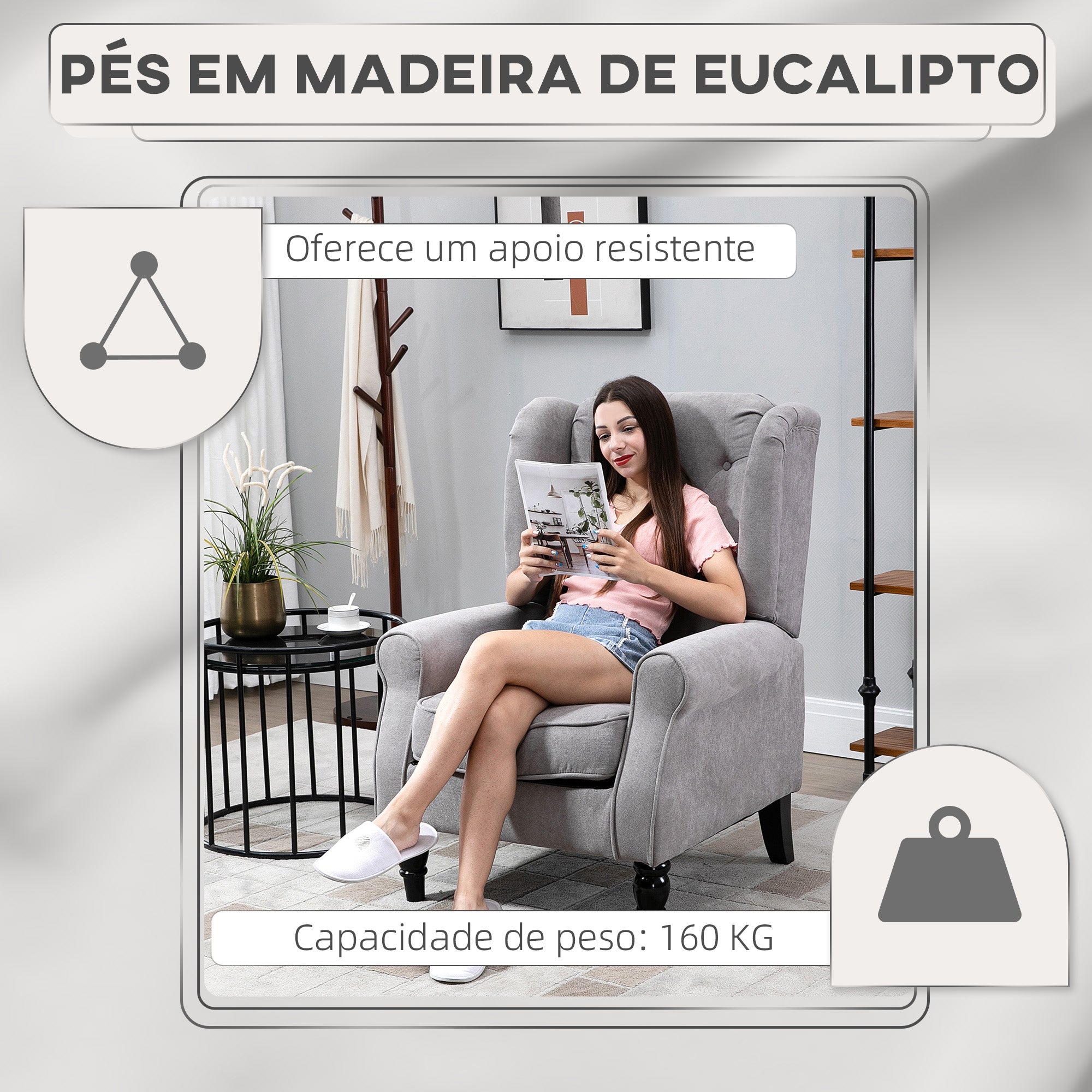 Poltrona Individual – 74x86x102 cm – Cinza – Tecido de poliéster, madeira de eucalipto