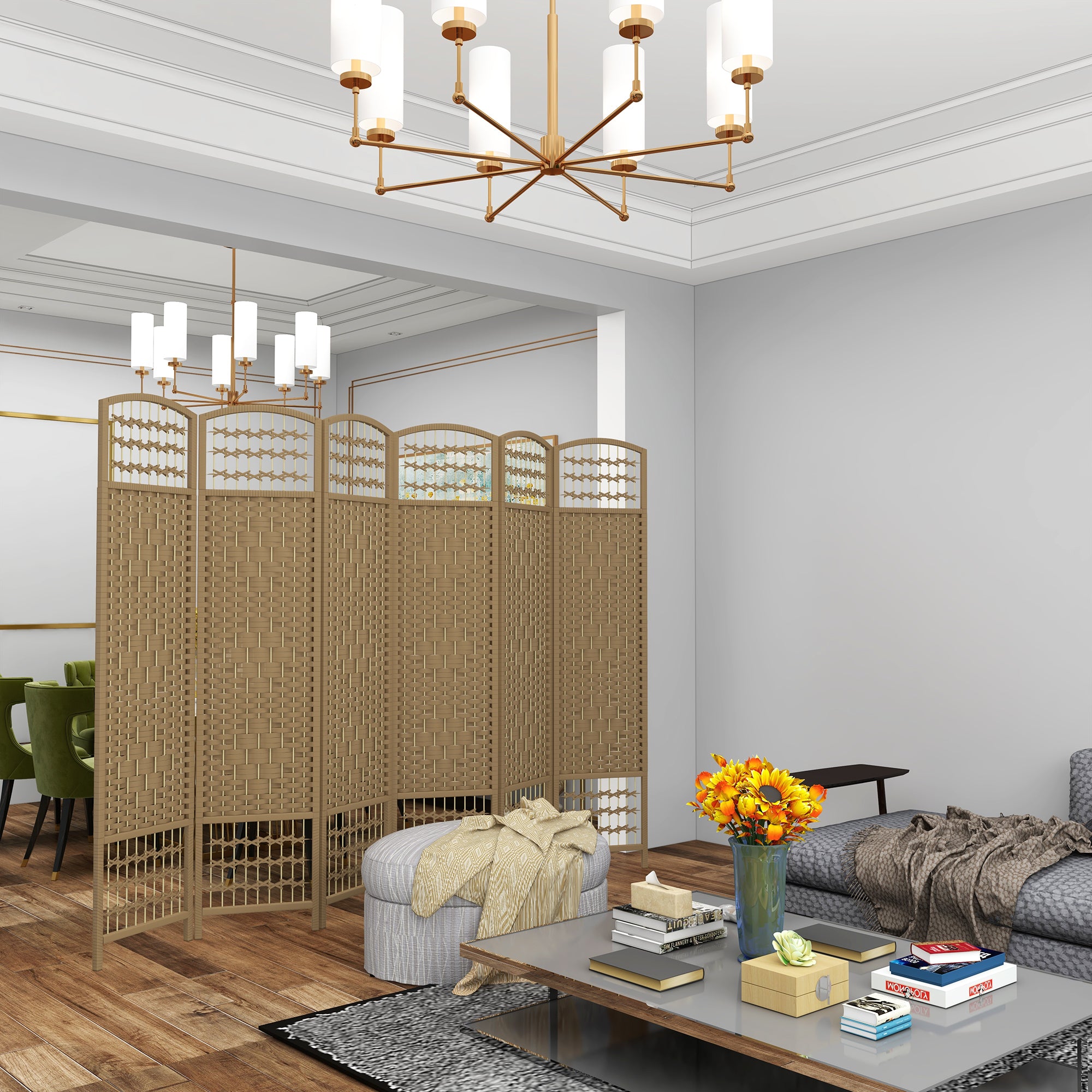 Biombo de 6 Painéis – 240x170 cm – Cor de Madeira Natural – Bambu e Madeira