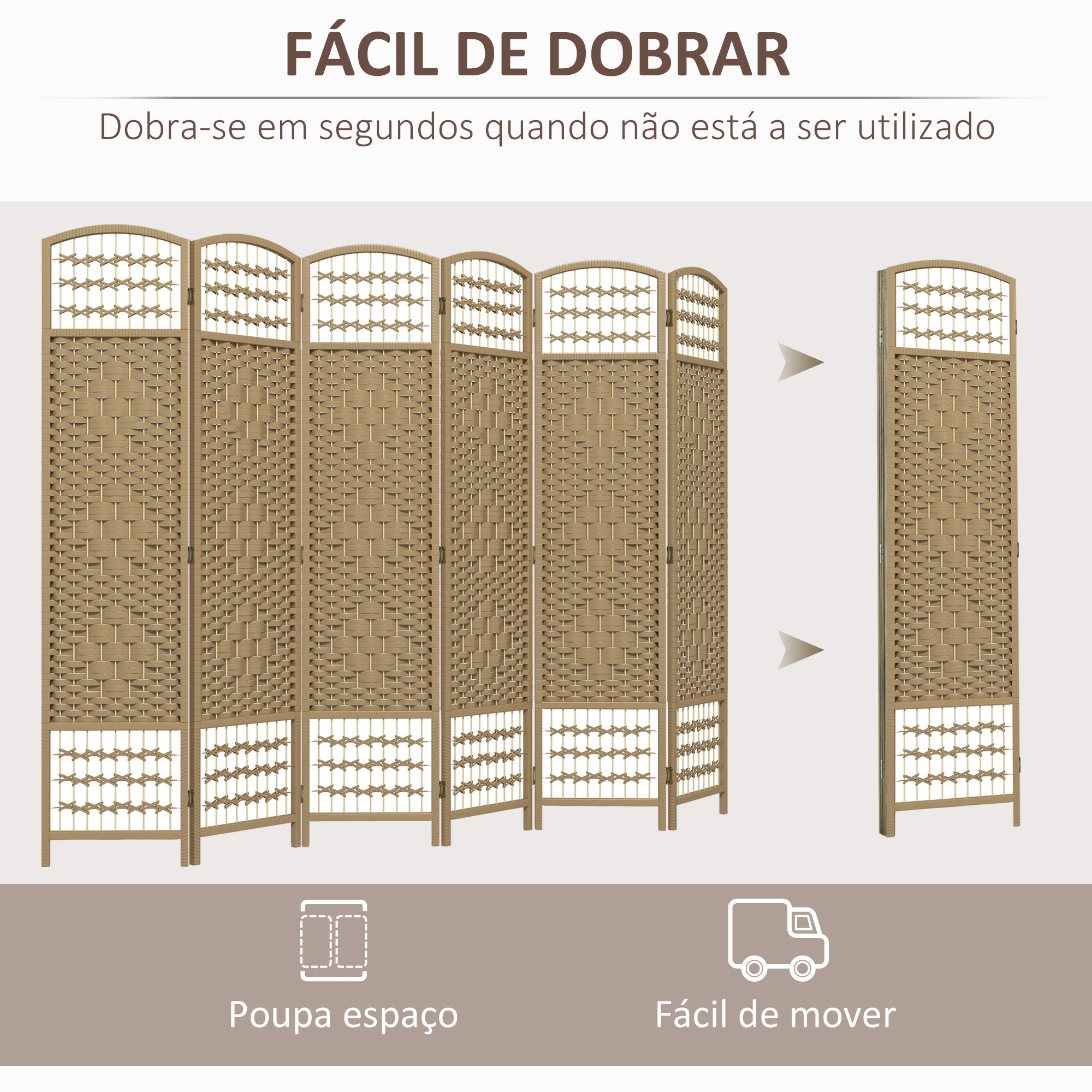 Biombo de 6 Painéis – 240x170 cm – Cor de Madeira Natural – Bambu e Madeira