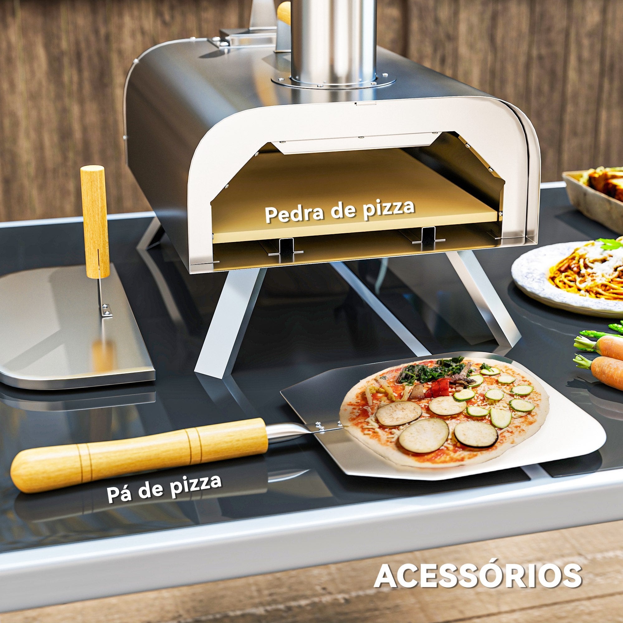 Mini Forno a Lenha para Pizza 79x36x75 cm - Prata