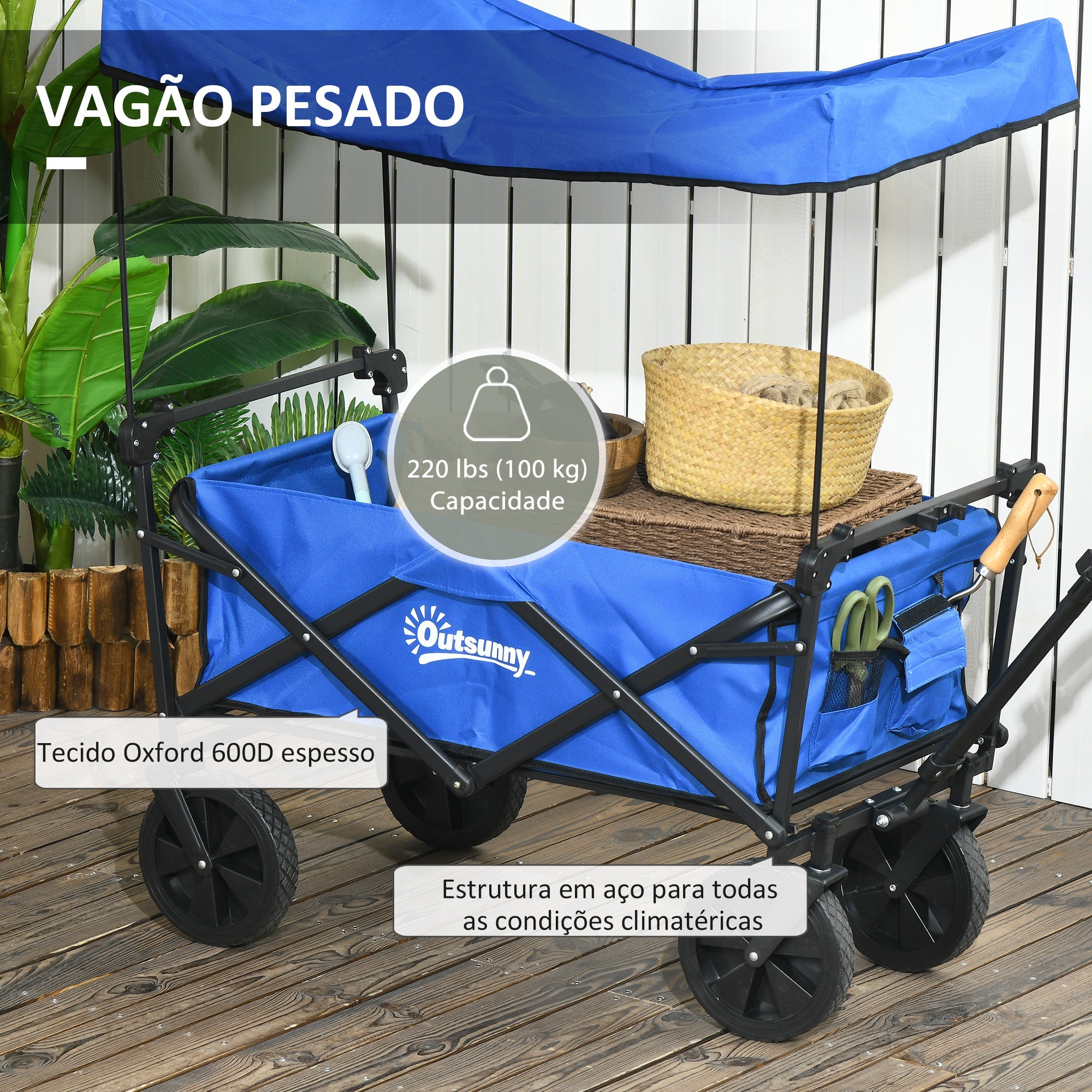 Carrinho de Transporte Dobrável Azul 97x52x105 cm - Capacidade 100 kg