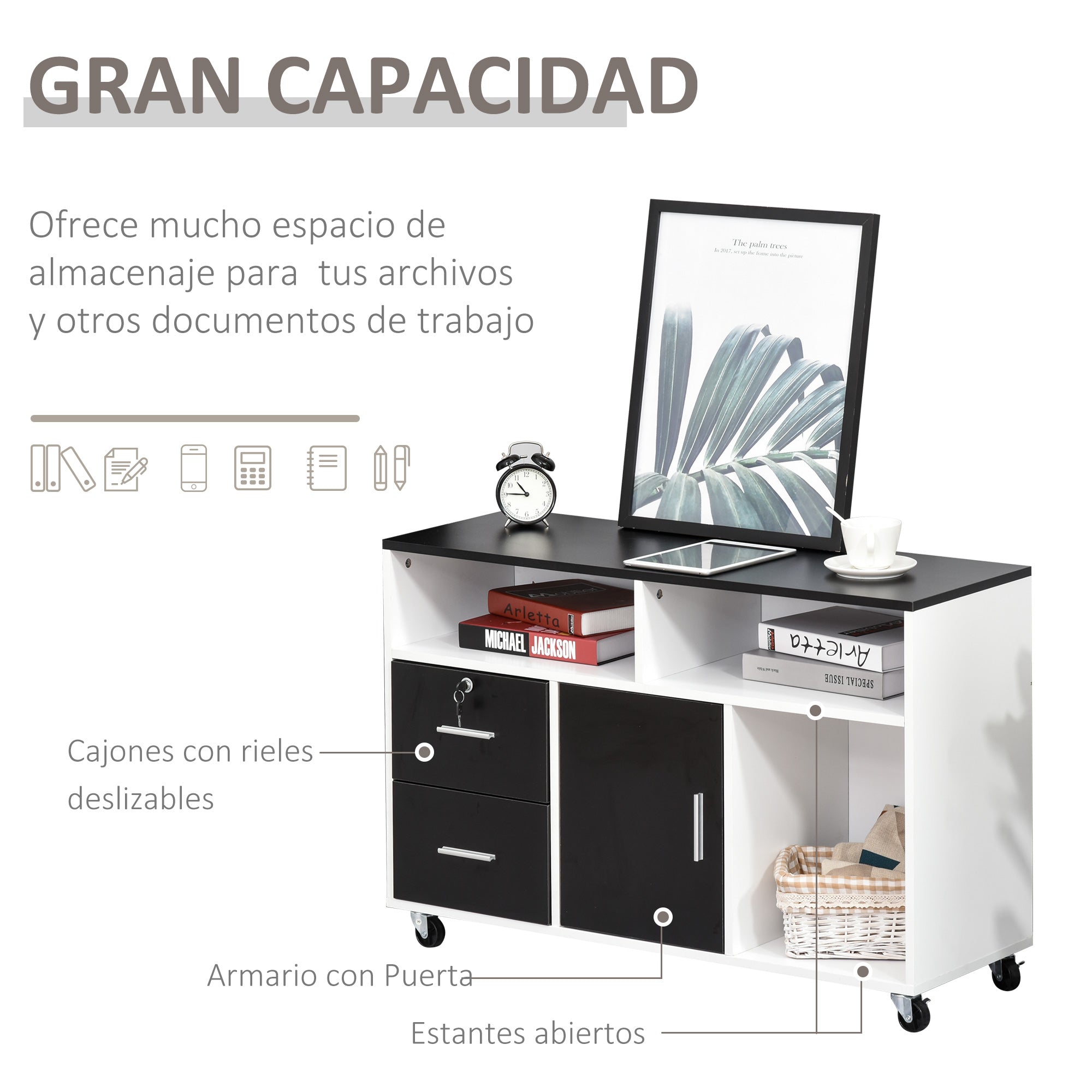 Móvel Auxiliar de Escritório Multiuso 100x35x65 cm Preto e Branco
