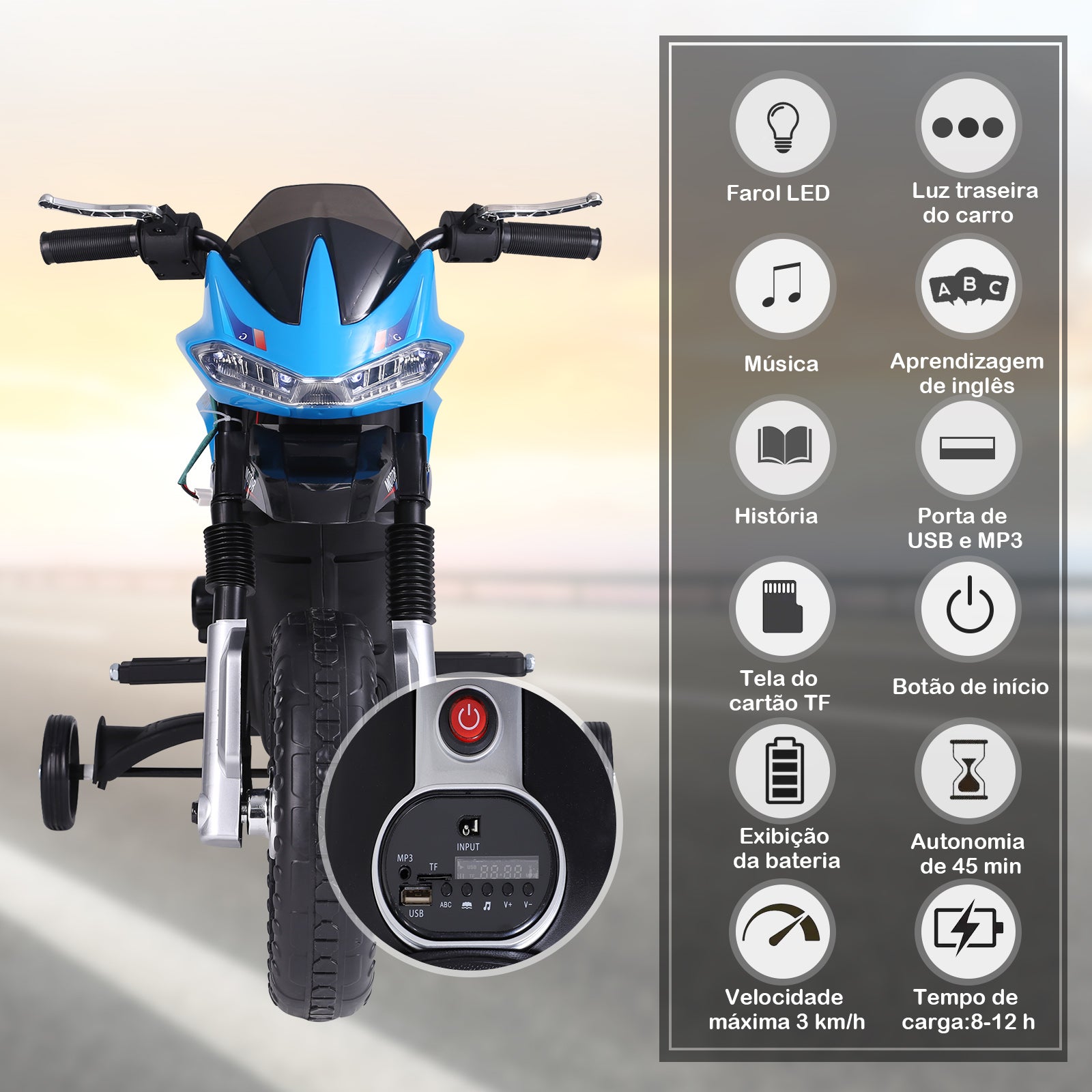 Motocicleta Infantil Elétrica Azul 105x52,3x62,3cm