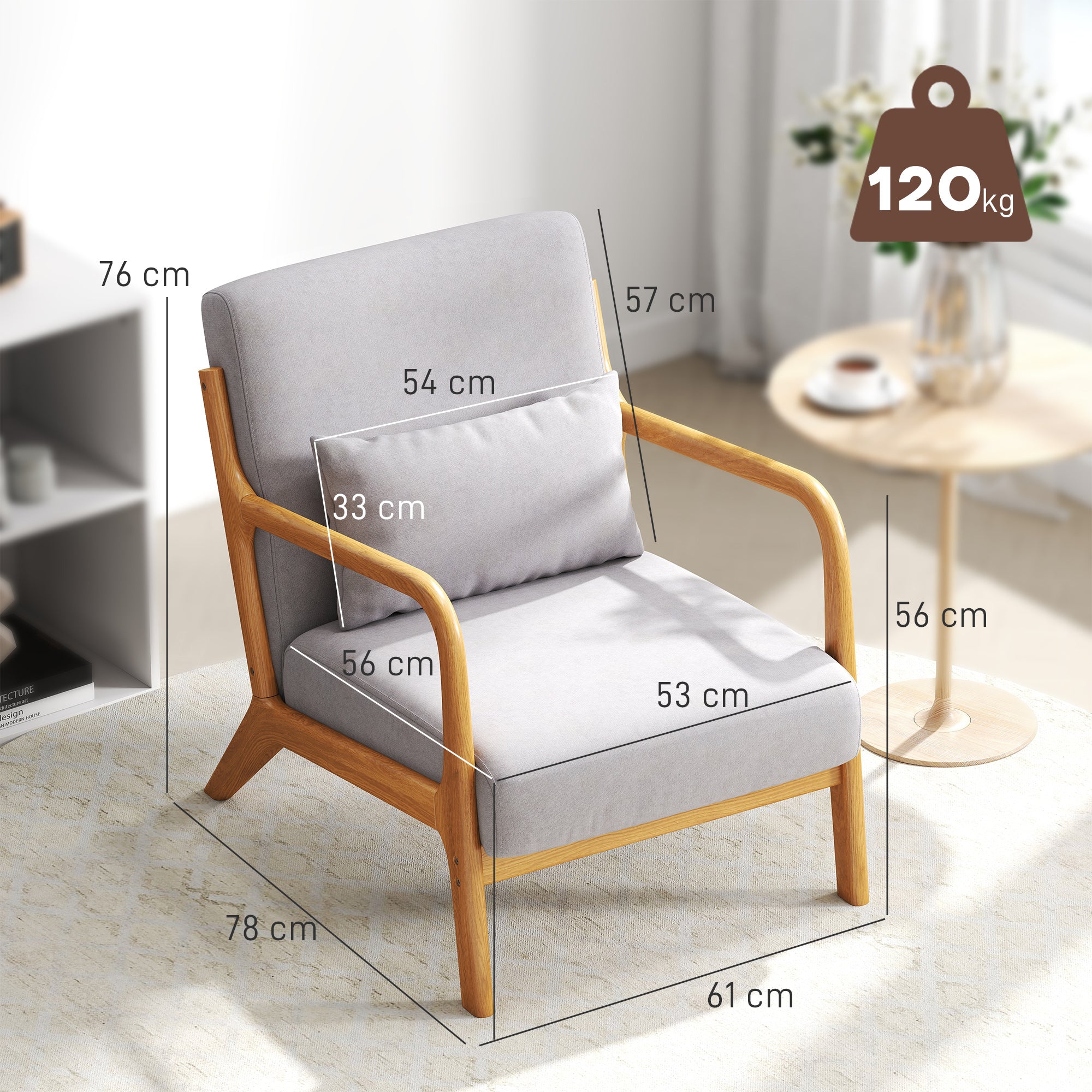 Poltrona Acolchoada – 61x78x76 cm – Cinzento – Veludo