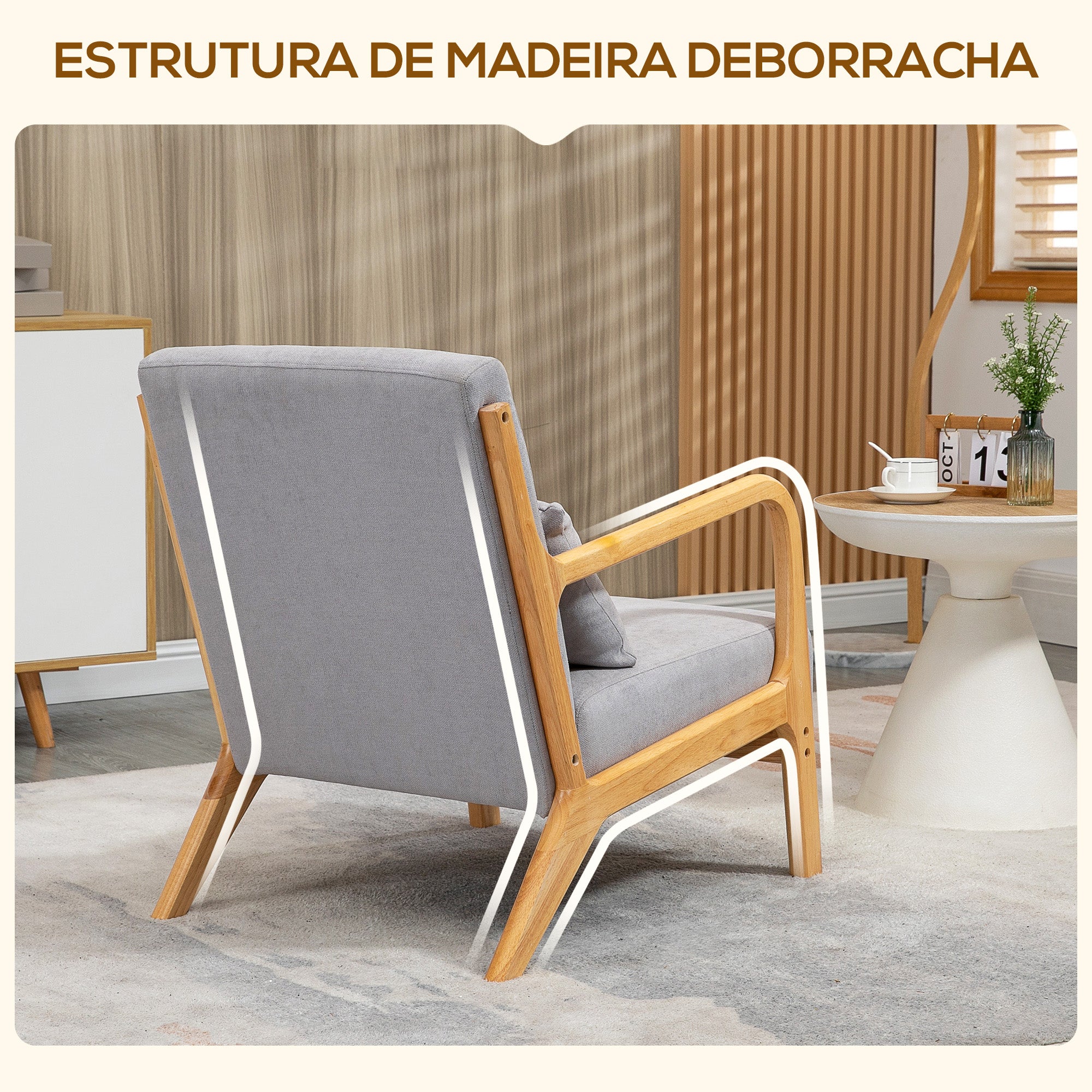 Poltrona Acolchoada – 61x78x76 cm – Cinzento – Veludo