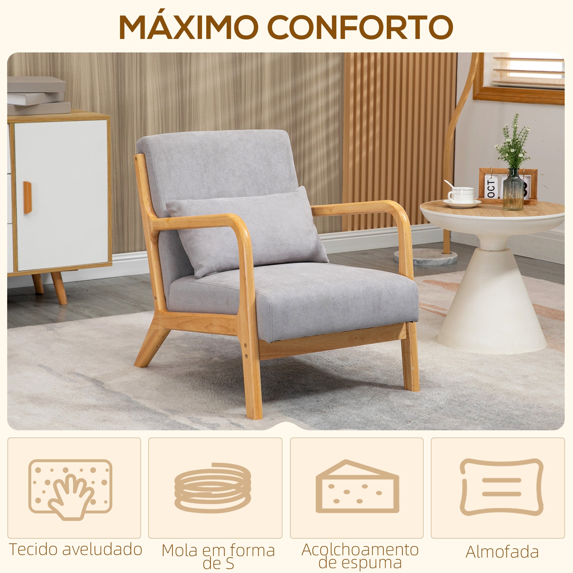 Poltrona Acolchoada – 61x78x76 cm – Cinzento – Veludo