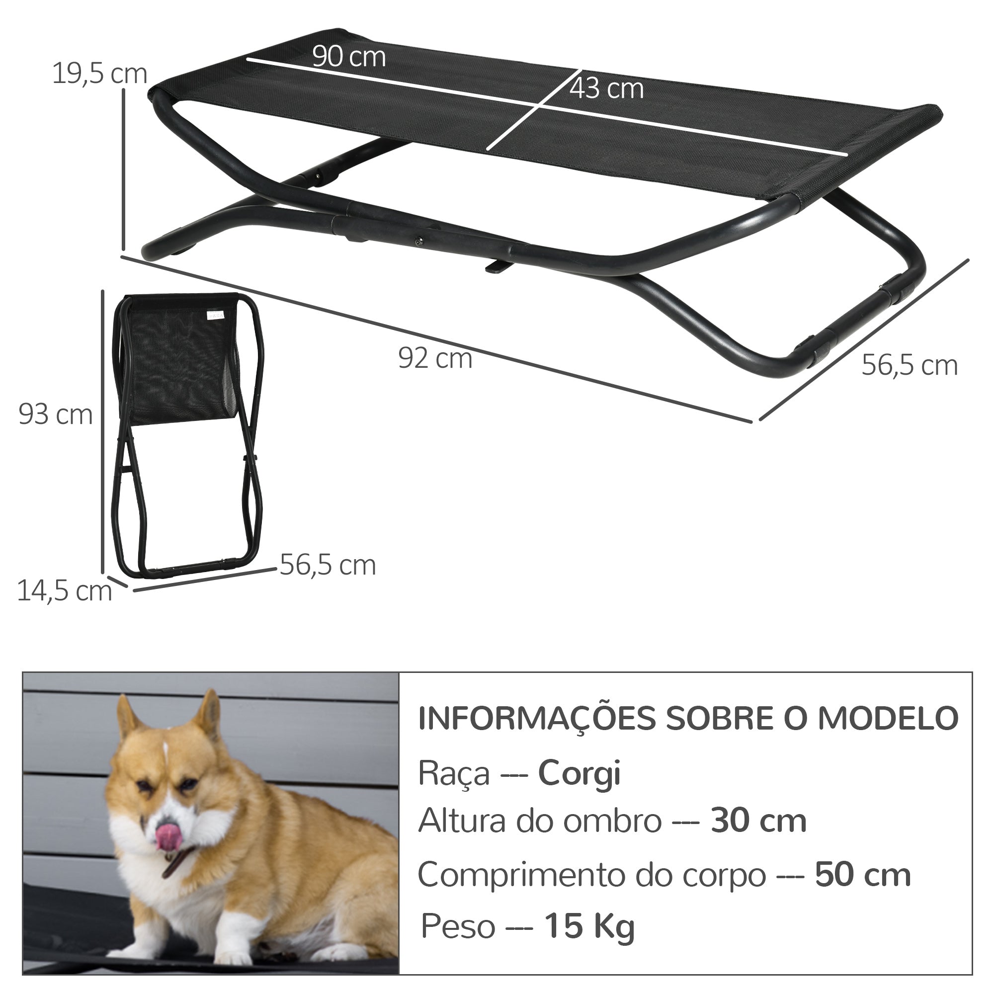 Cama Elevada para Cães Dobrável 92x56,5x19,5cm - Cor Preto