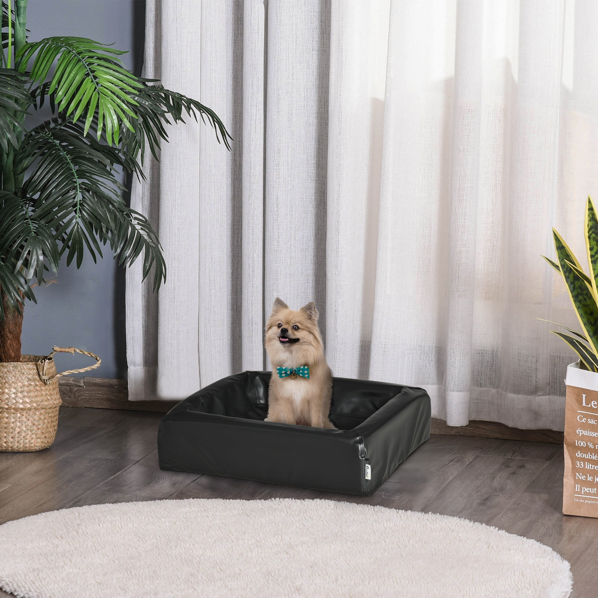 Cama Estofada em Couro PU Preto 58x49x14,5 cm para Cães e Gatos