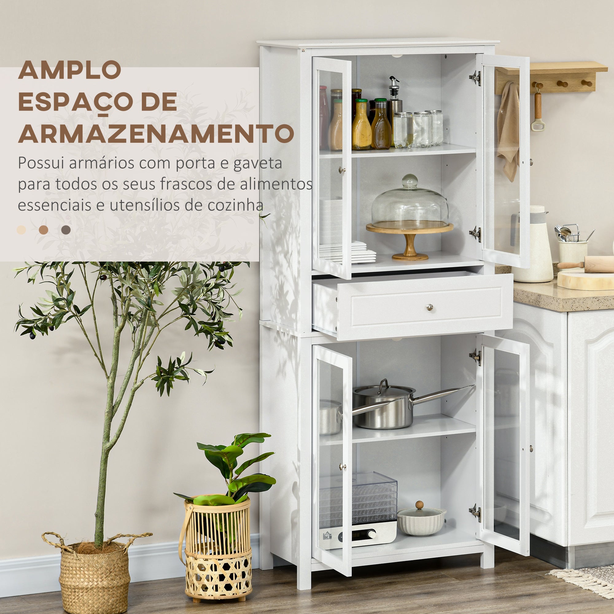 Armário de Cozinha Móvel Auxiliar com Portas de Vidro e Gaveta – 74x35,5x181,5 cm – Branco – MDF e Vidro Temperado