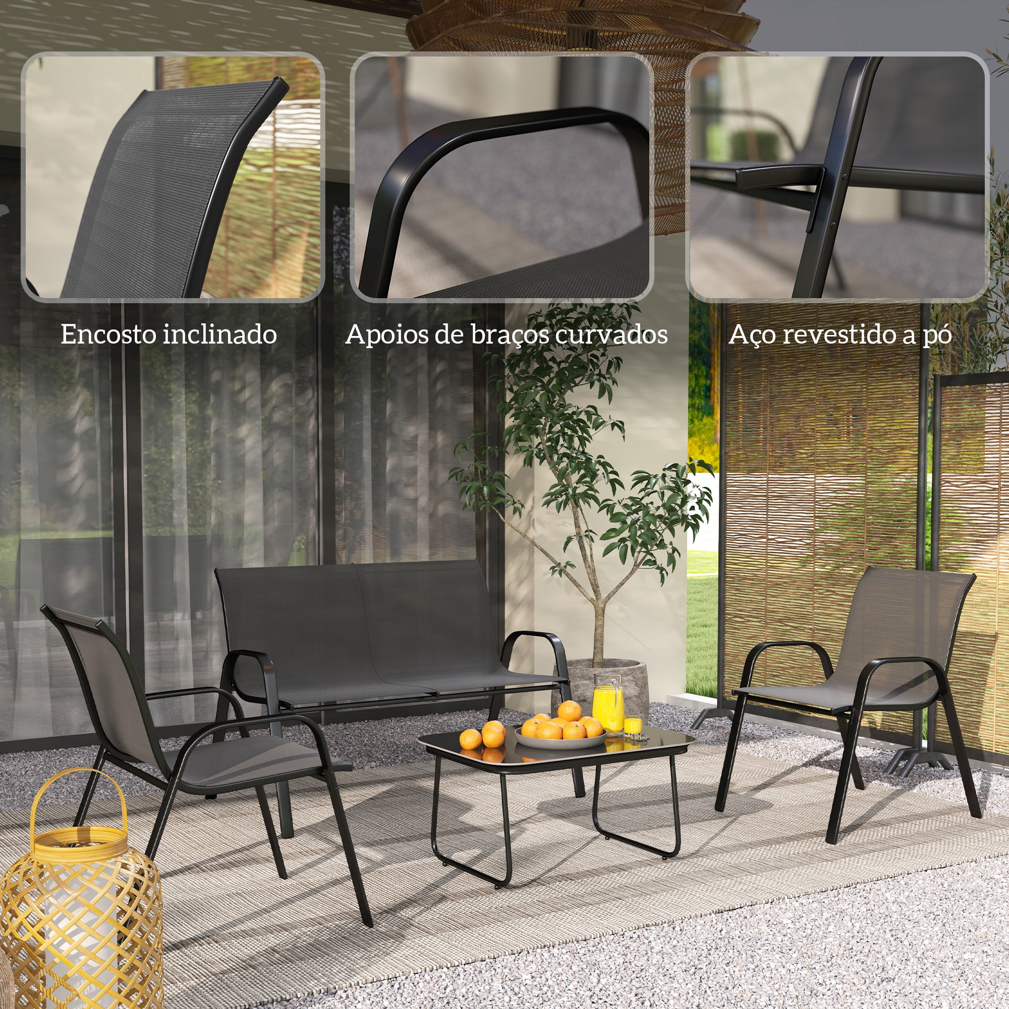 Conjunto de Jardim Exterior 4 Peças Preto 113x66x79 cm