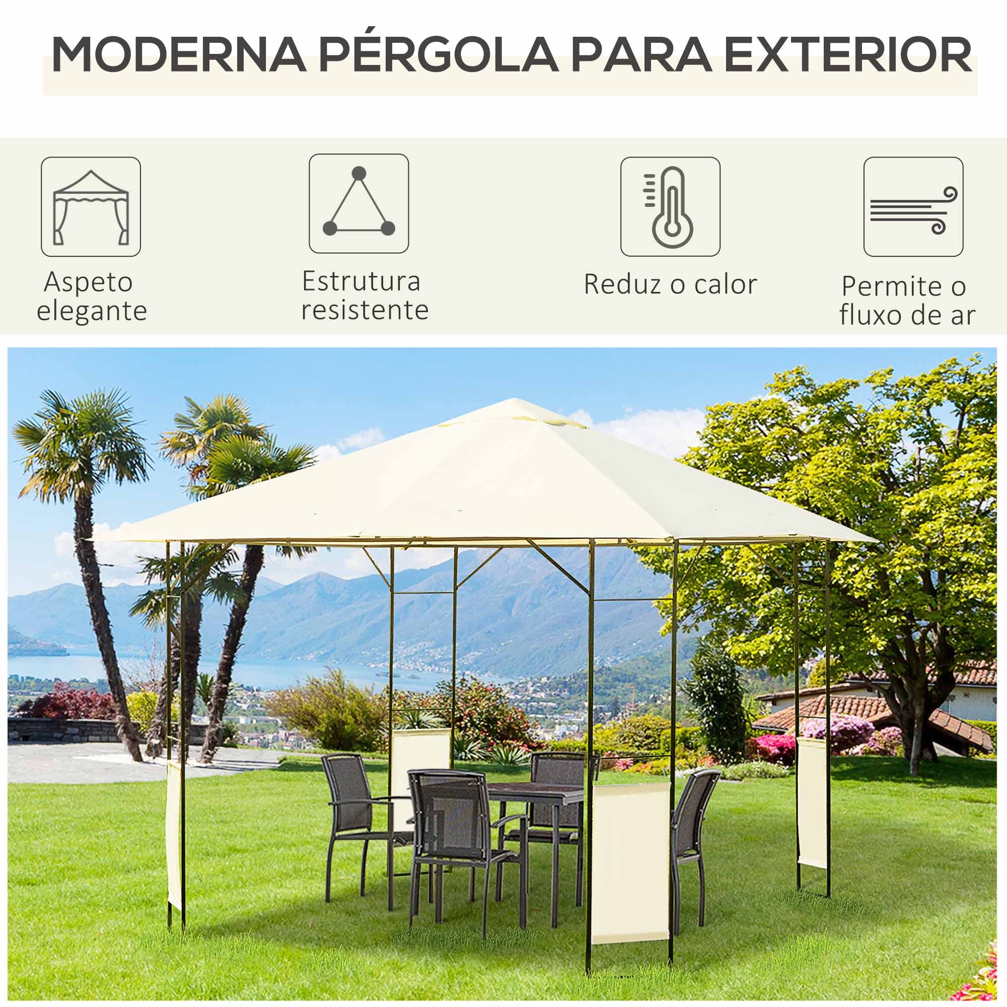 Pérgola de Jardim 300x300x260 cm Cor Creme Branco - Estrutura de Aço e Toldo UV