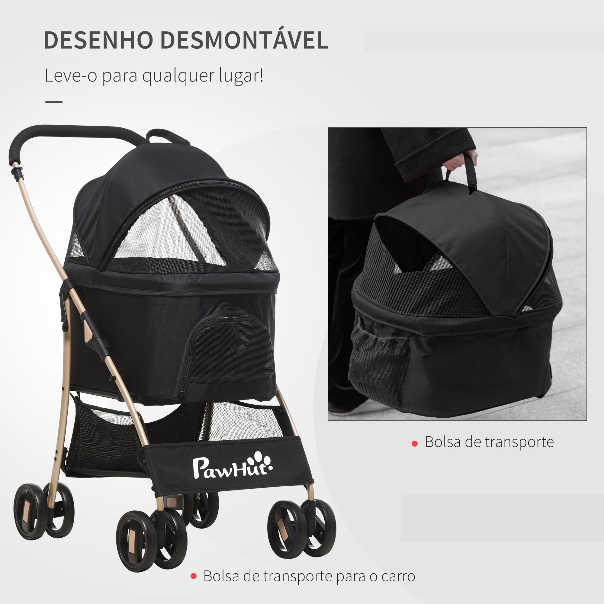 Carrinho para Animais de Estimação 3 em 1 – 82x49,5x98cm – Preto – Aço e Tecido Oxford