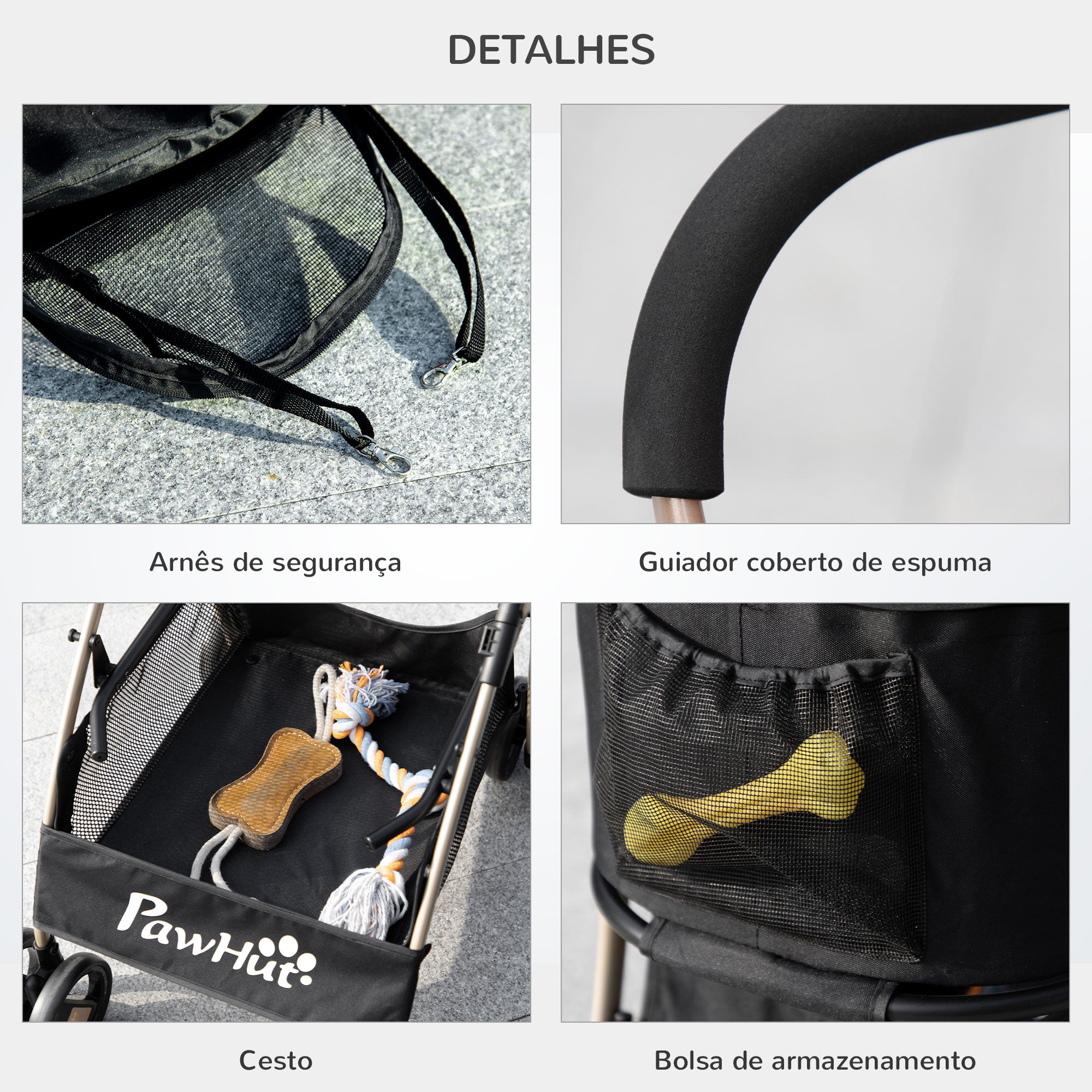 Carrinho para Animais de Estimação 3 em 1 – 82x49,5x98cm – Preto – Aço e Tecido Oxford
