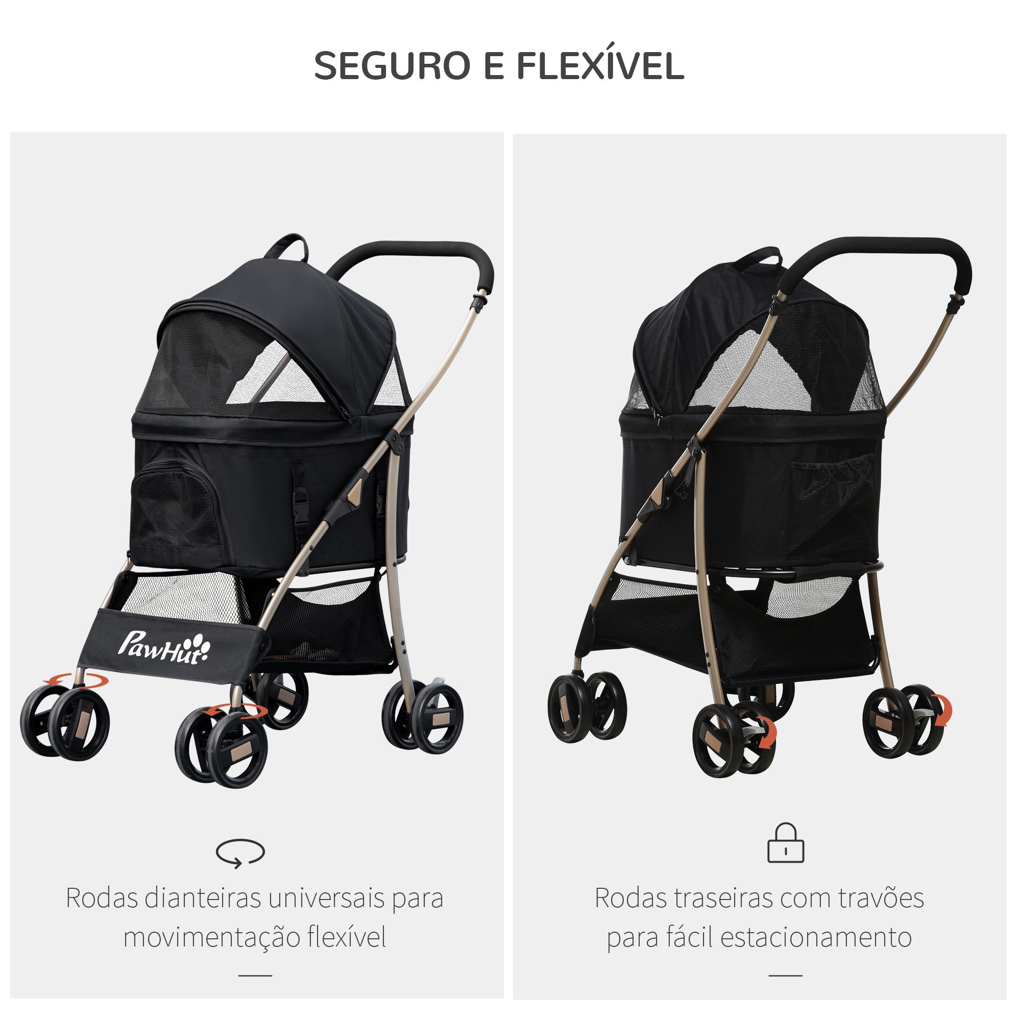 Carrinho para Animais de Estimação 3 em 1 – 82x49,5x98cm – Preto – Aço e Tecido Oxford