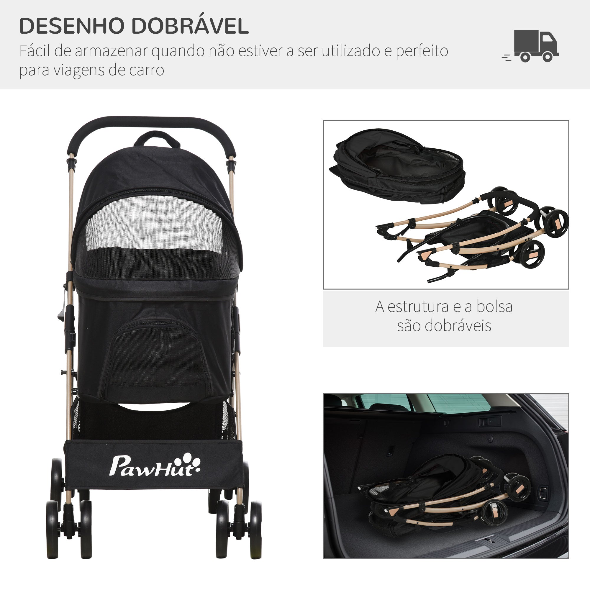 Carrinho para Animais de Estimação 3 em 1 – 82x49,5x98cm – Preto – Aço e Tecido Oxford
