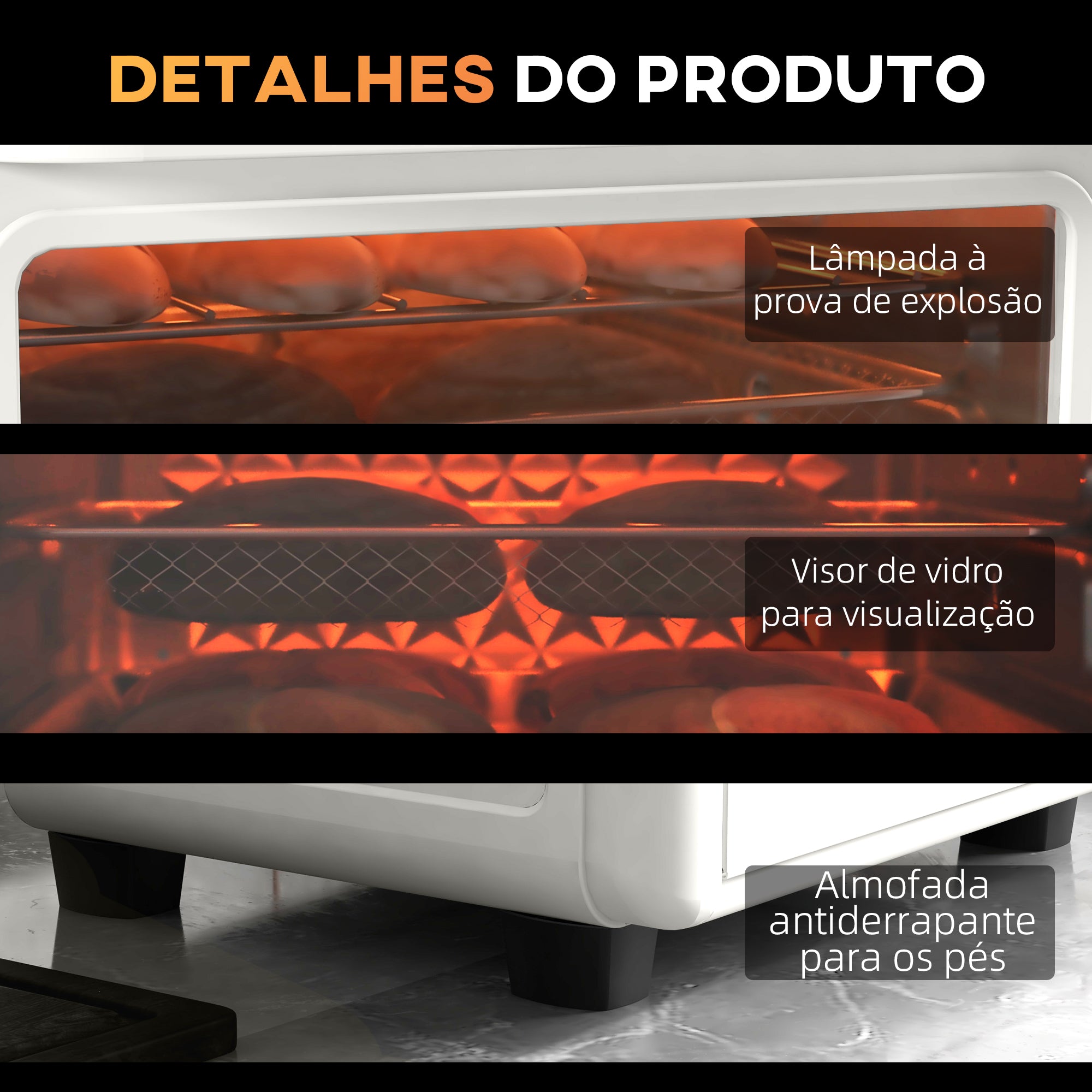 Mini Forno Elétrico Multifuncional – 33,5x32x32,5 cm – Branco – Metal, vidro temperado, aço inoxidável, esmalte