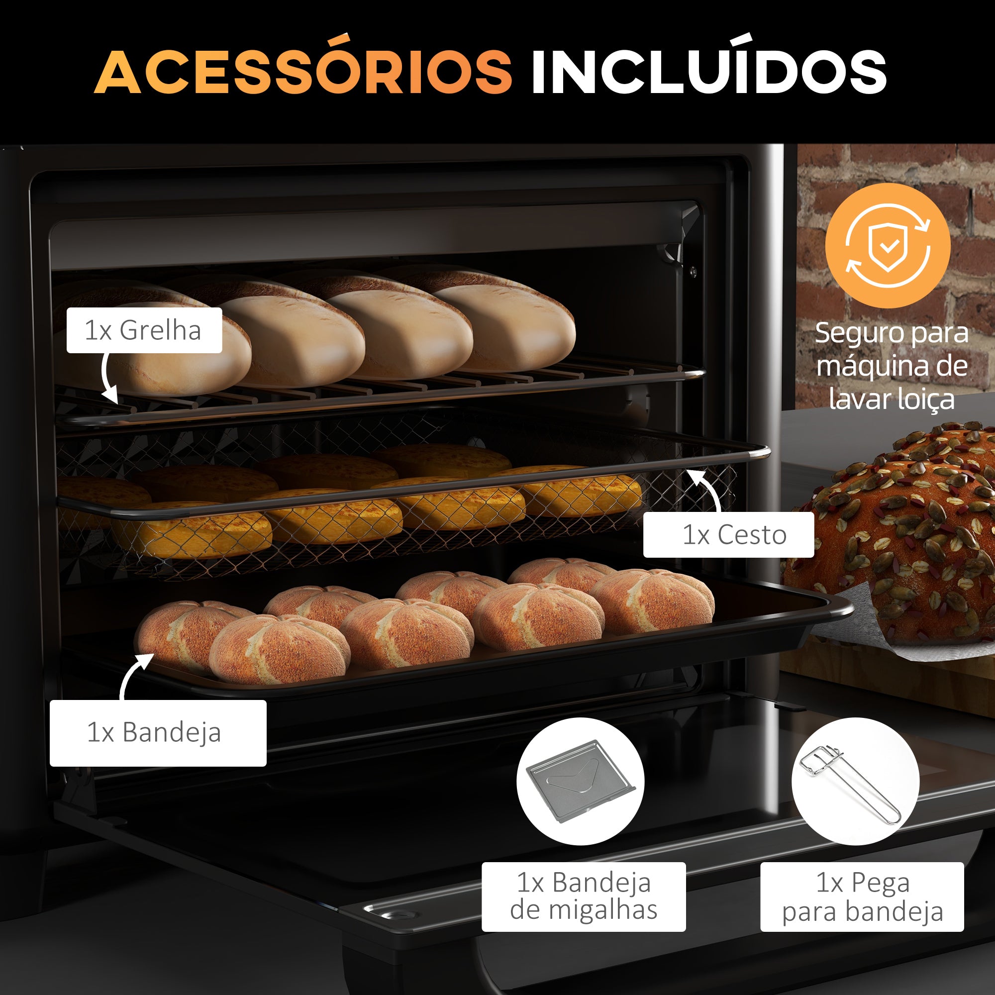 Mini Forno Elétrico Multifuncional – 33,5x32x32,5 cm – Branco – Metal, vidro temperado, aço inoxidável, esmalte