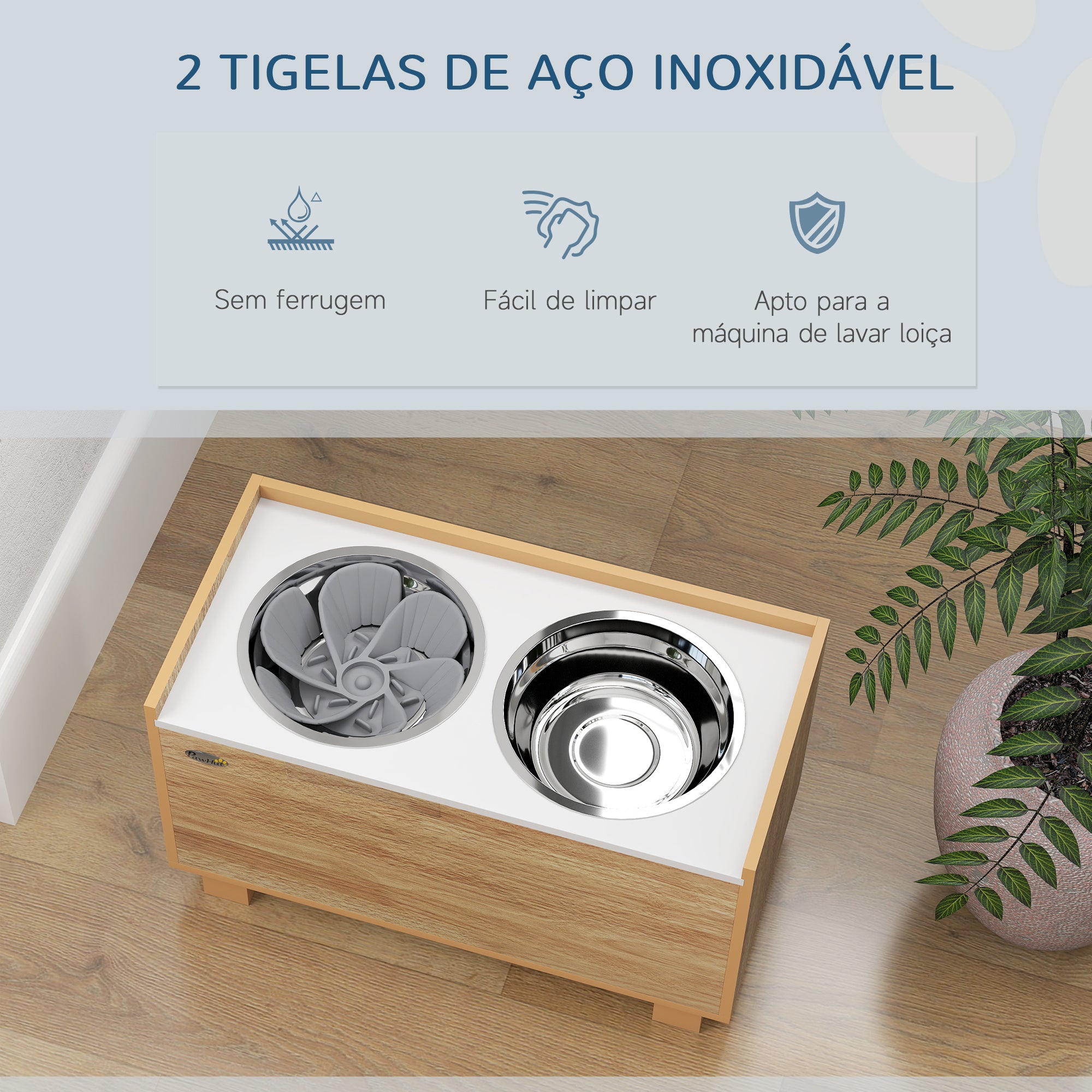 Comedouro Elevado para Cães Grandes – 60x30x35,5 cm – Cor de Madeira Natural – MDF e metal